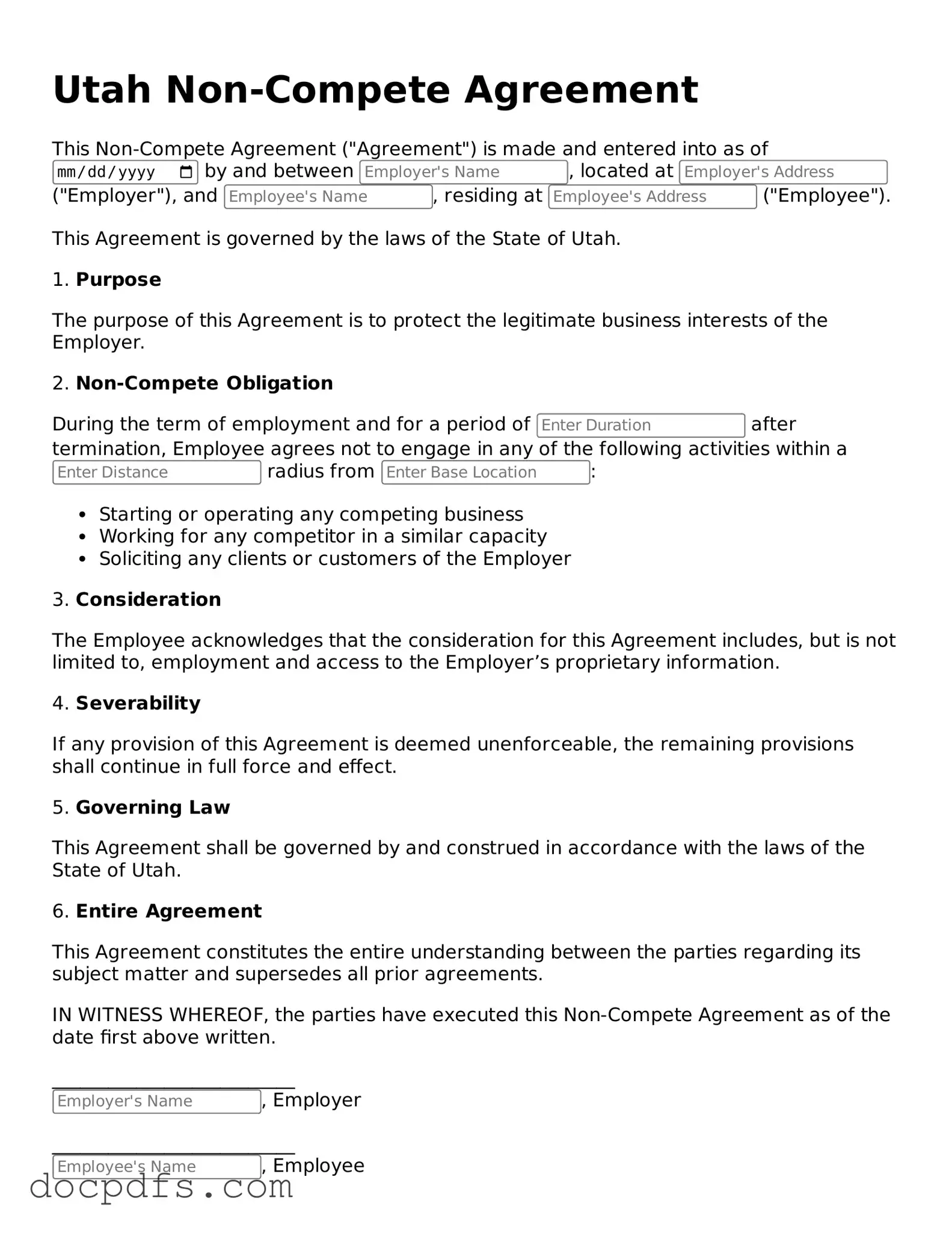 Free Utah Non-compete Agreement Form