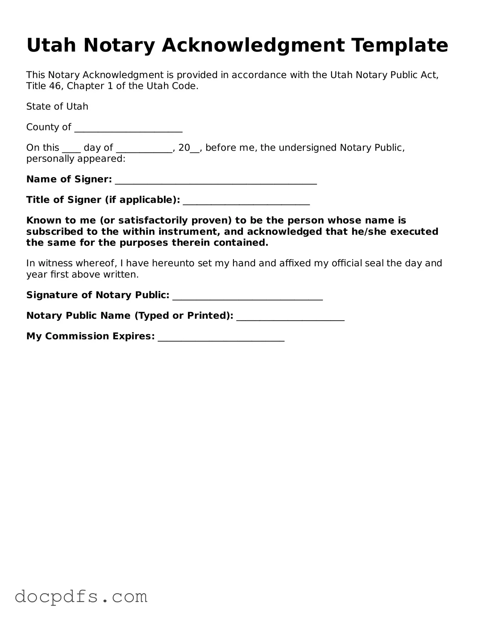 Free Utah Notary Acknowledgement Form