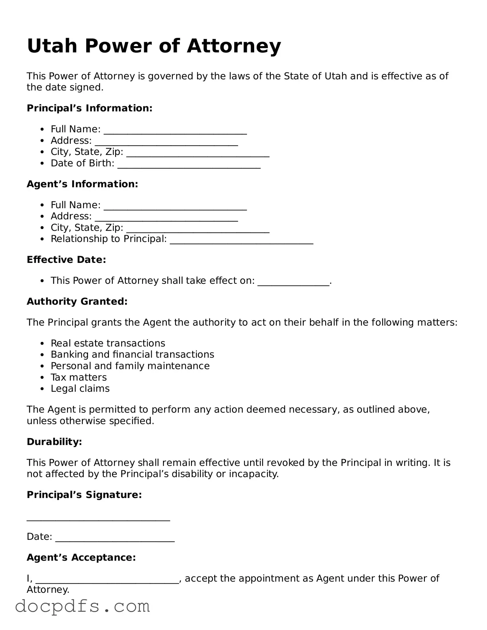 Free Utah Power of Attorney Form
