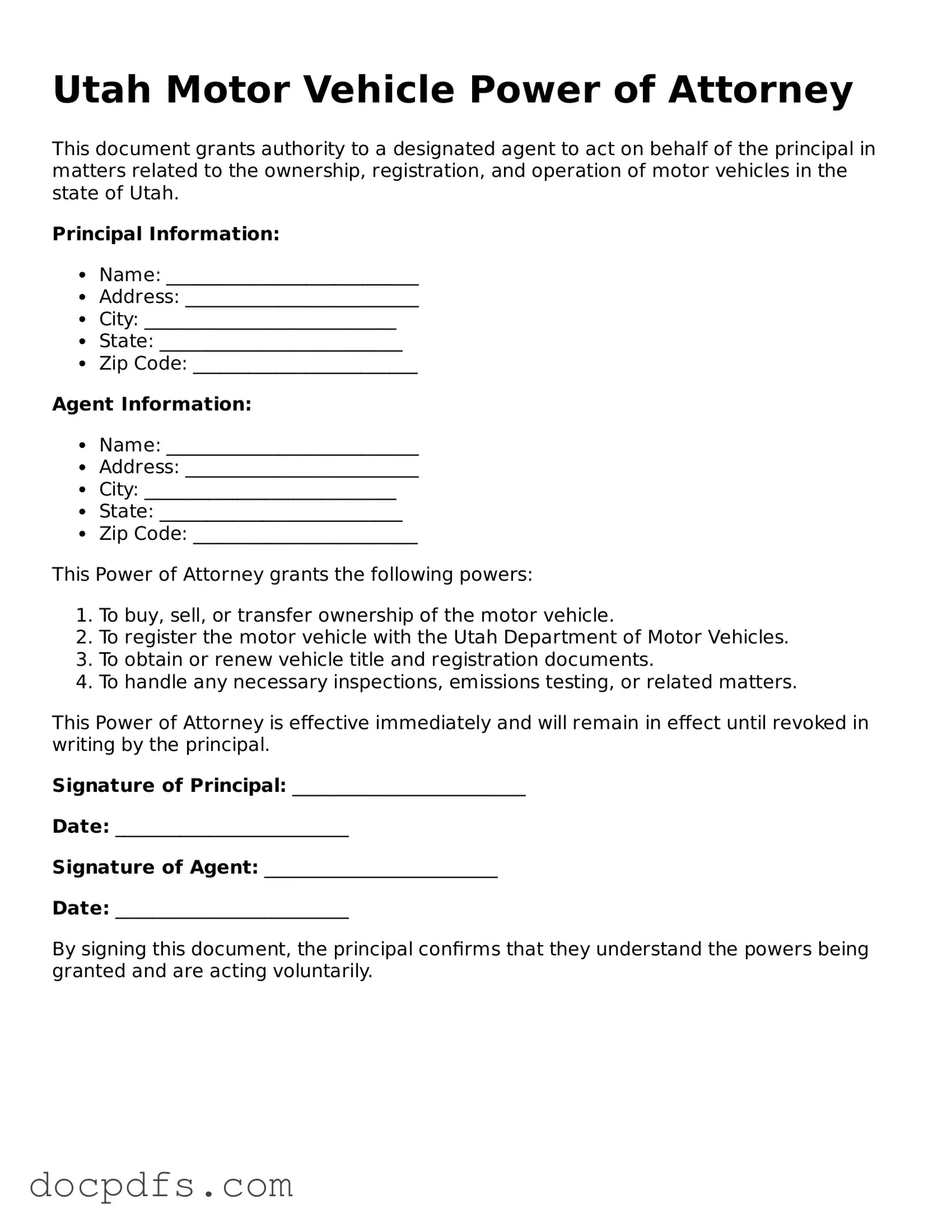 Free Utah Motor Vehicle Power of Attorney Form