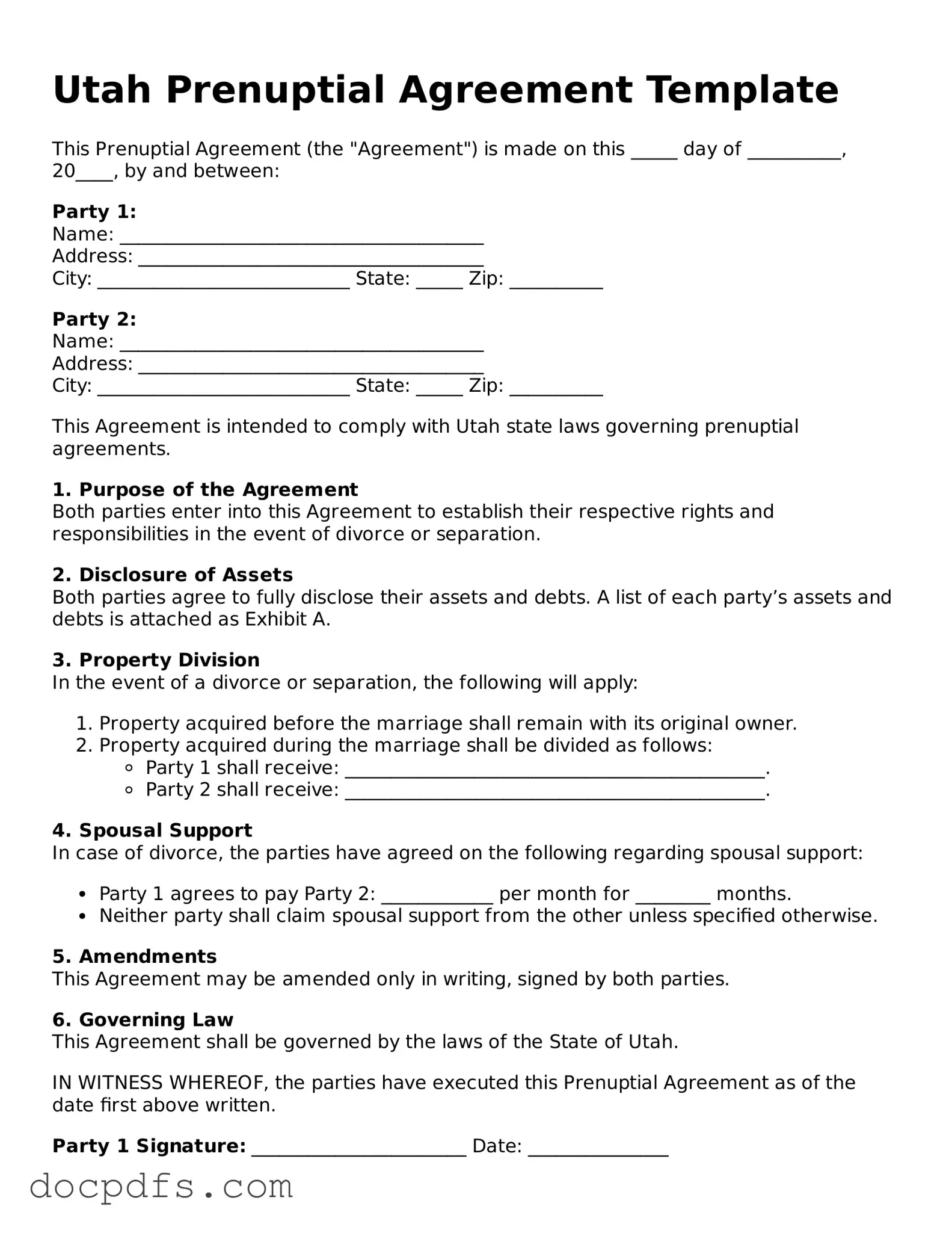 Free Utah Prenuptial Agreement Form