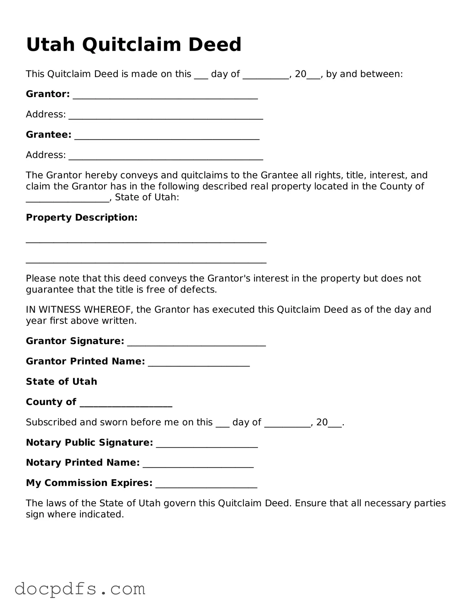 Free Utah Quitclaim Deed Form