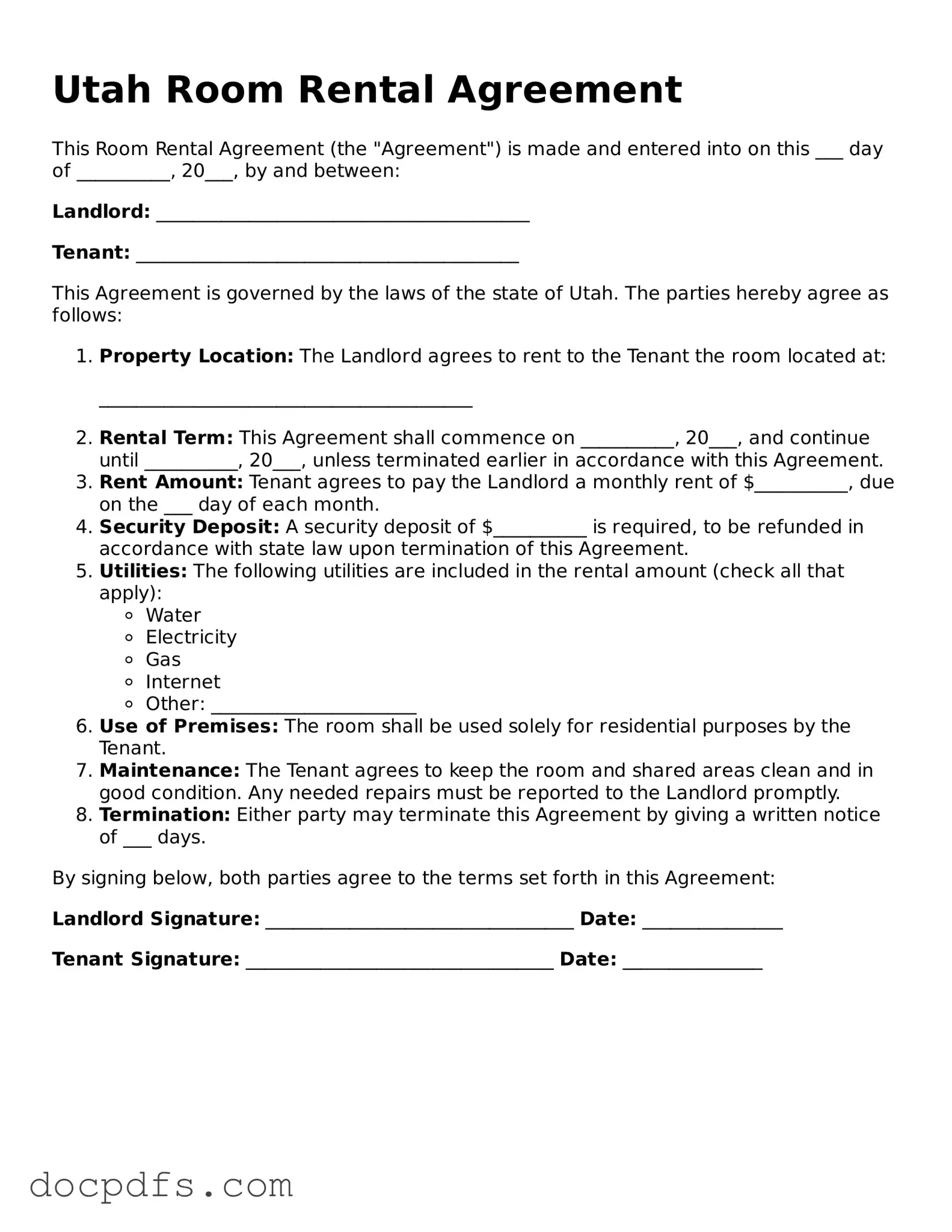 Free Utah Room Rental Agreement Form