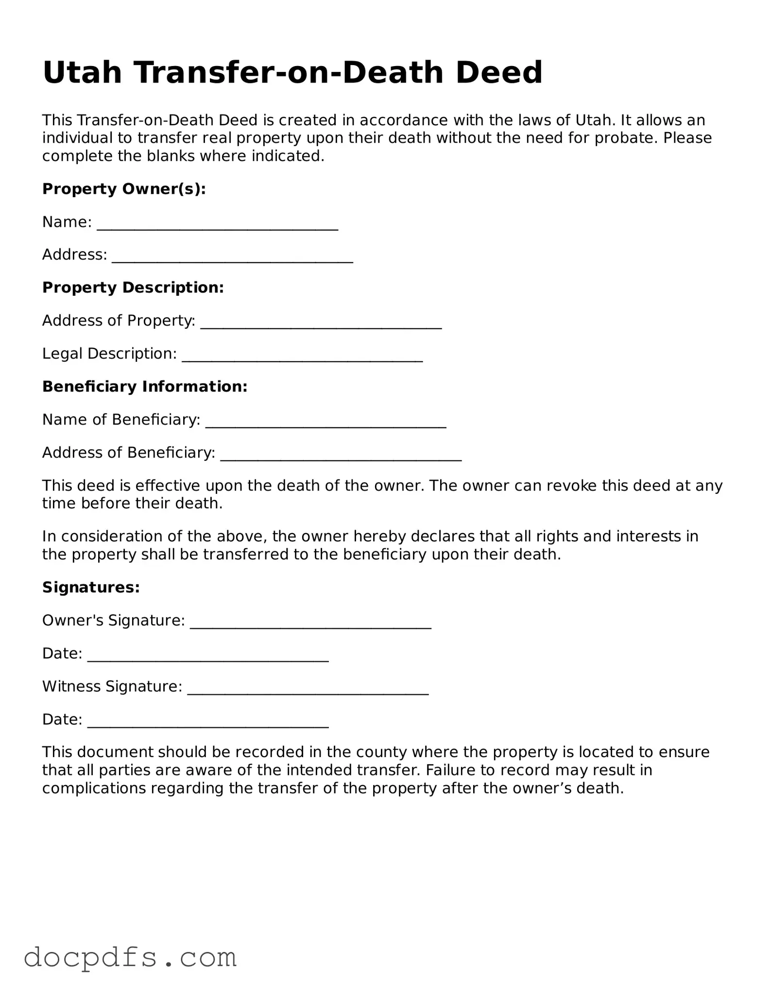 Free Utah Transfer-on-Death Deed Form