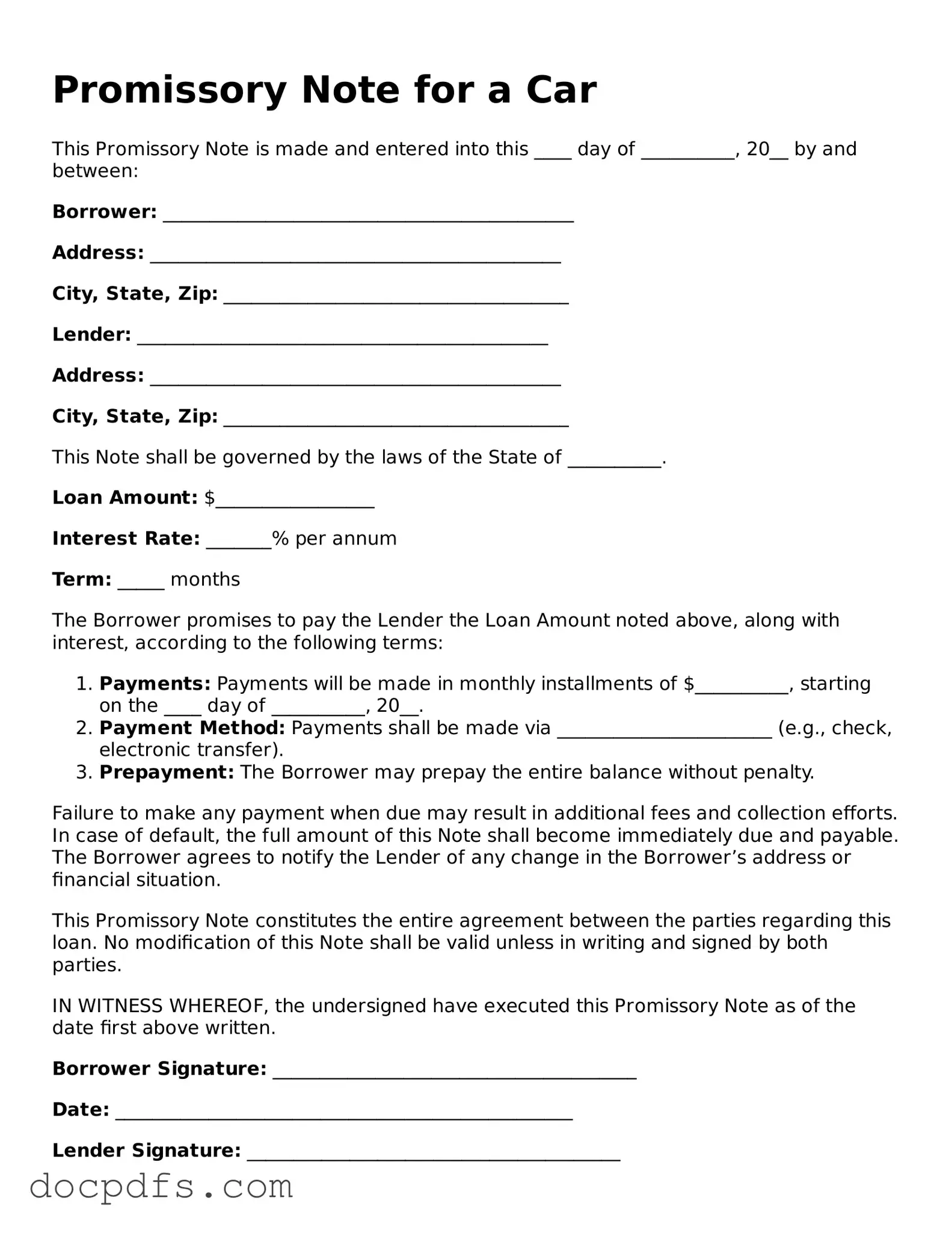 Legal Promissory Note for a Car Document