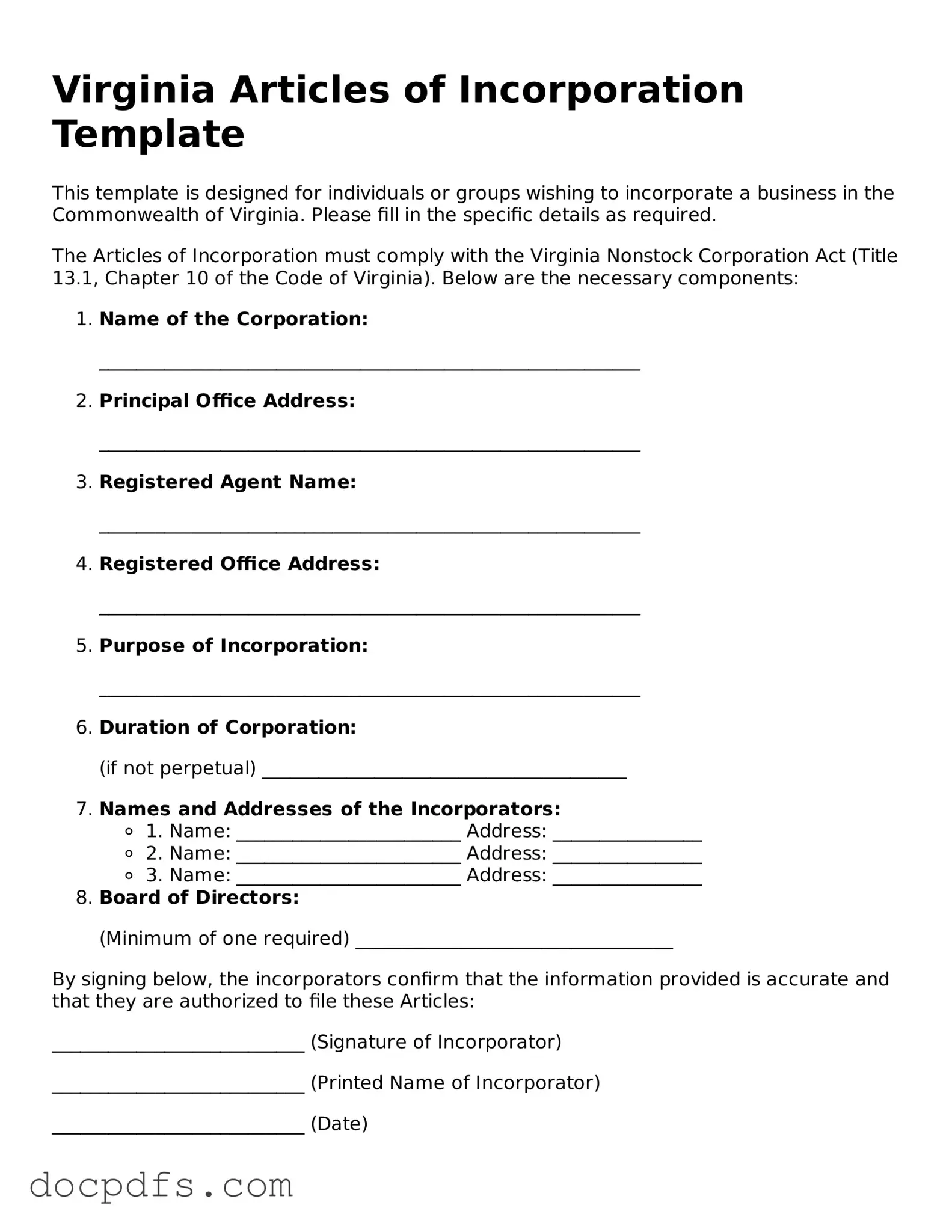 Free Virginia Articles of Incorporation Form