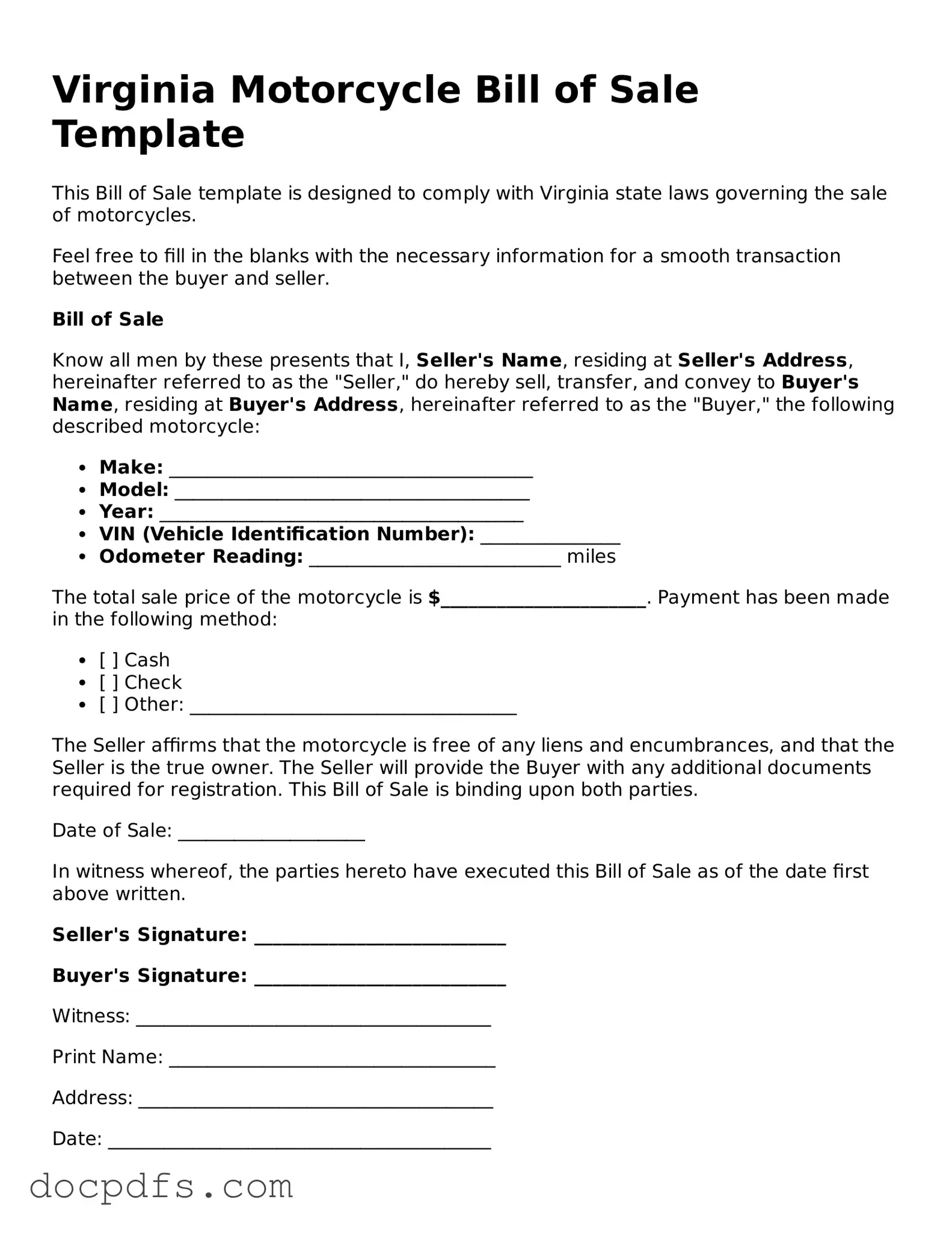 Free Virginia Motorcycle Bill of Sale Form