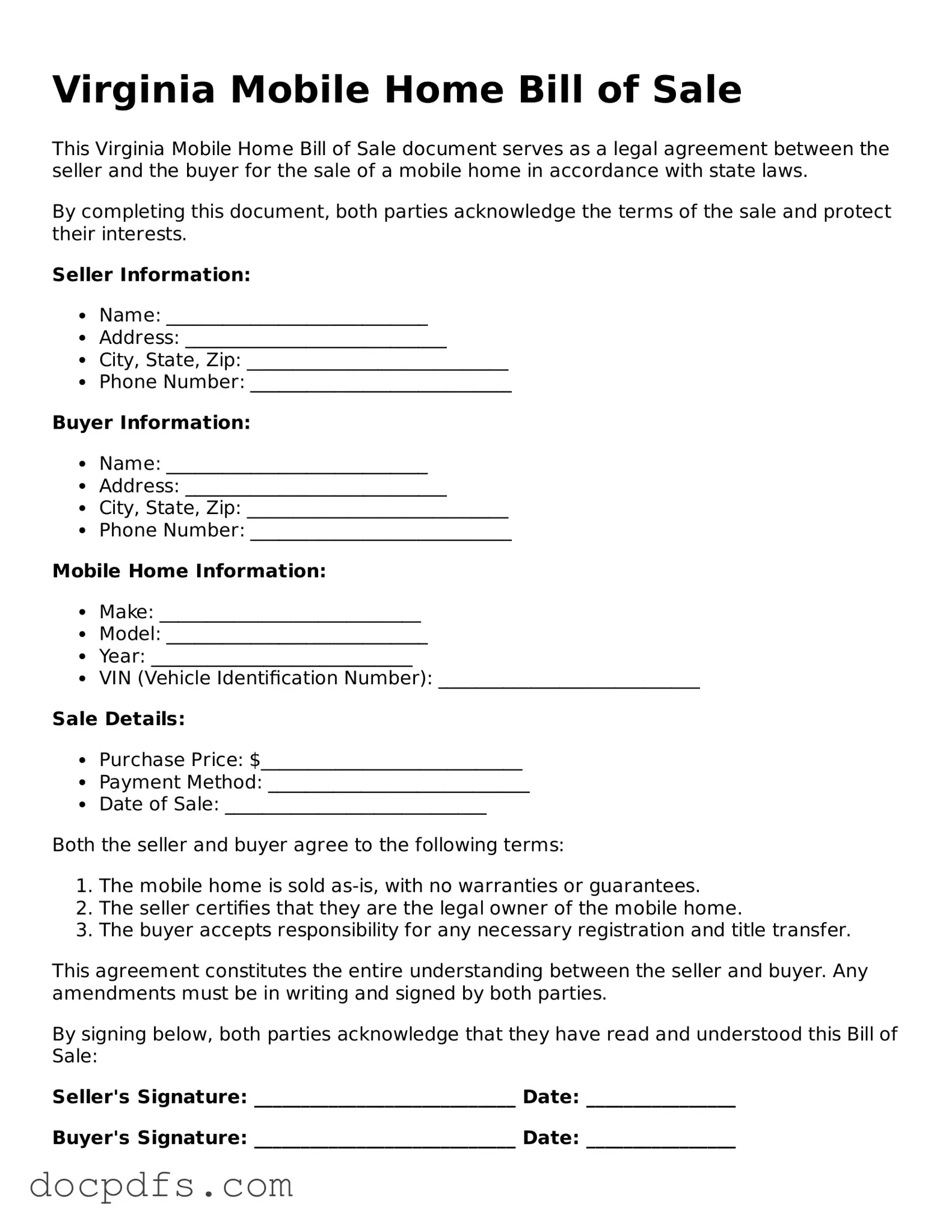 Free Virginia Mobile Home Bill of Sale Form