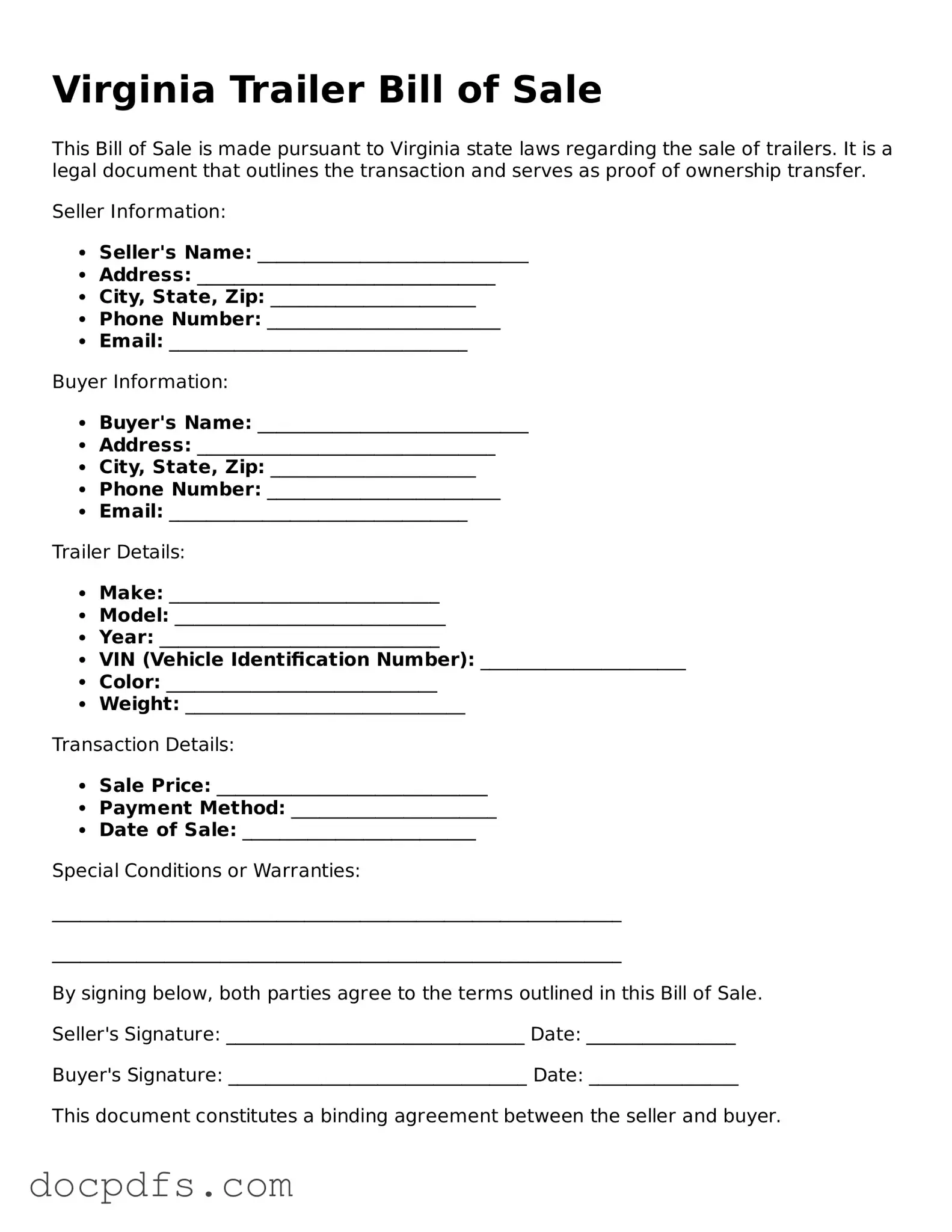 Free Virginia Trailer Bill of Sale Form