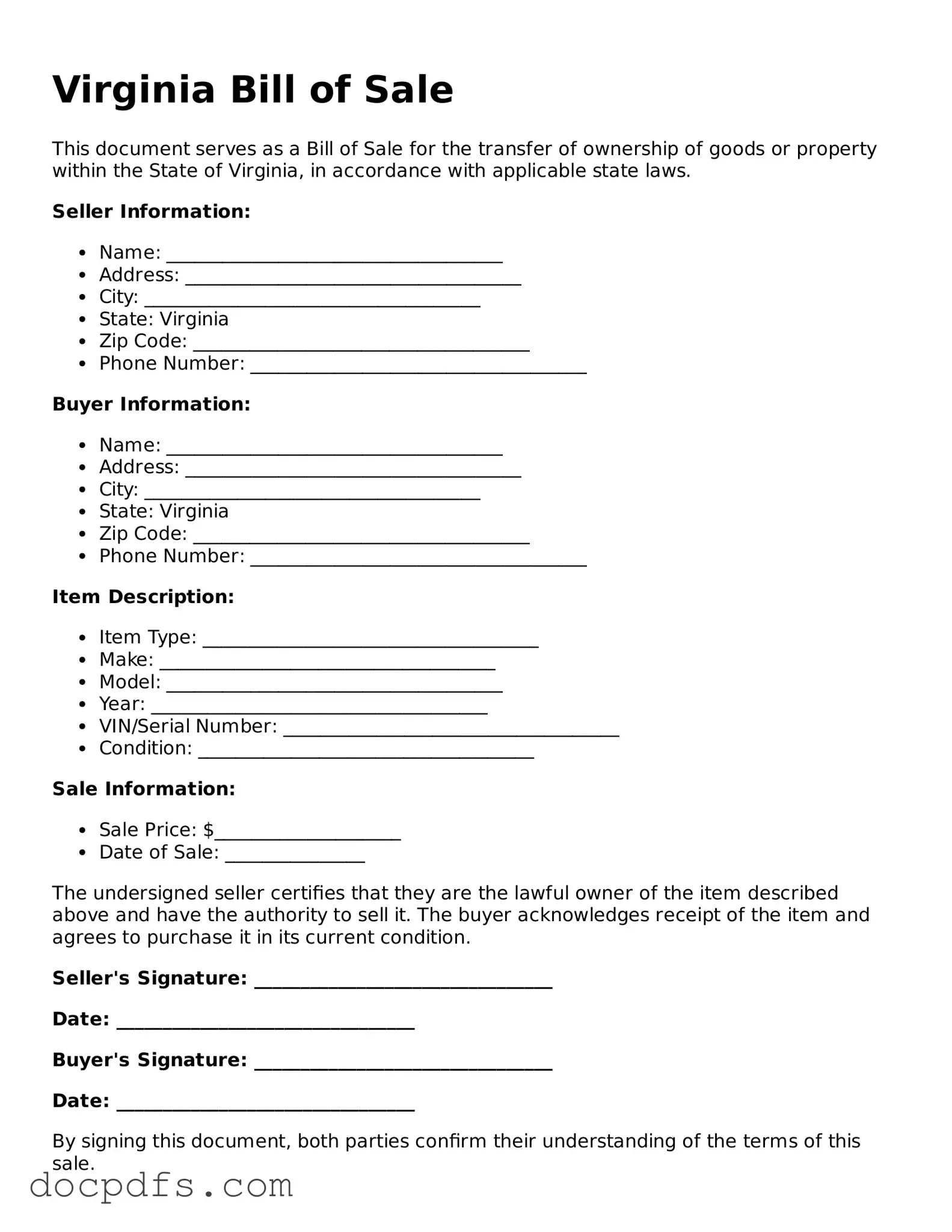 Free Virginia Bill of Sale Form