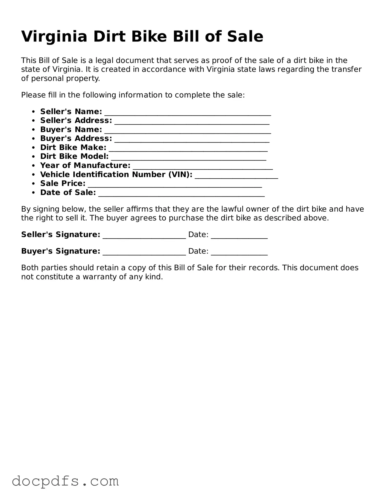 Free Virginia Dirt Bike Bill of Sale Form