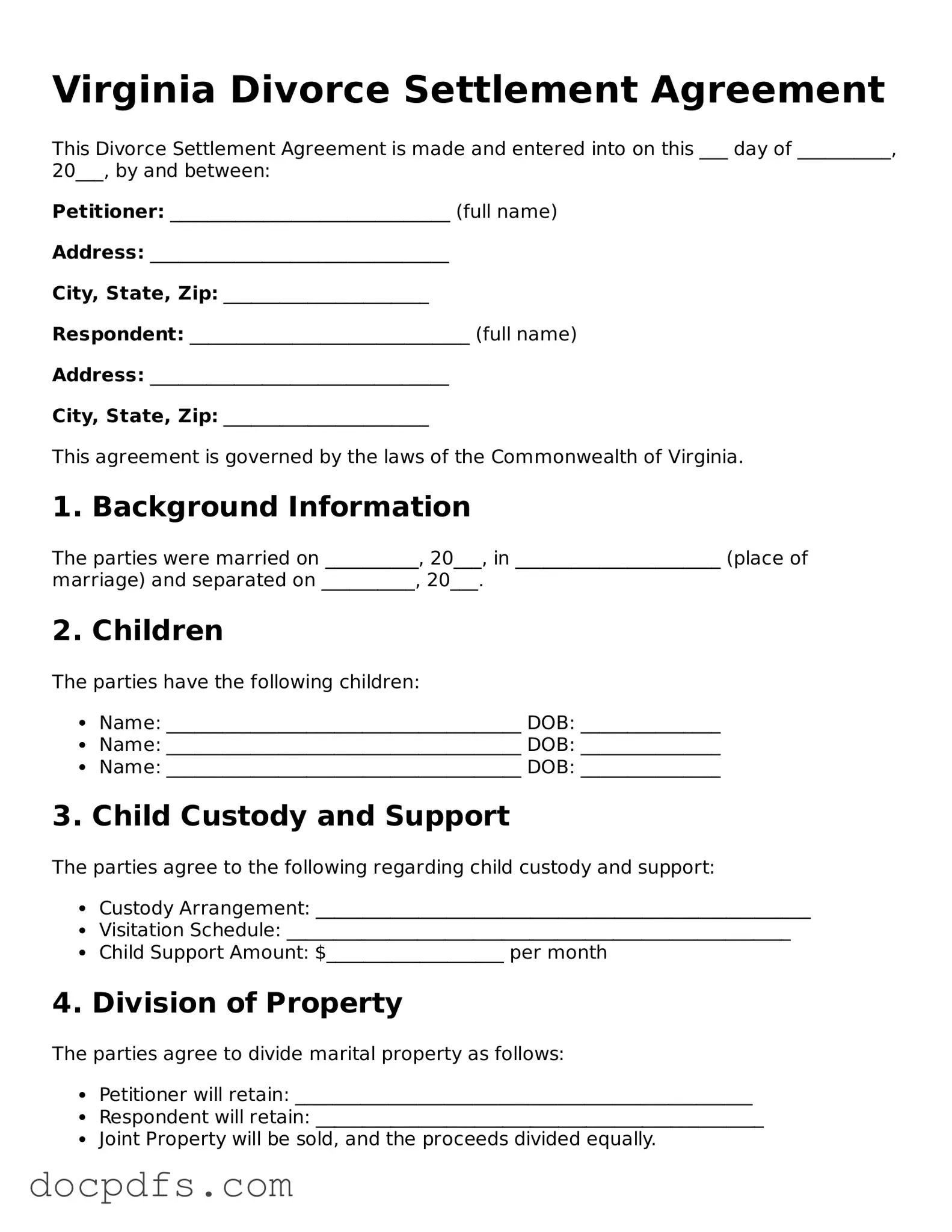 Free Virginia Divorce Settlement Agreement Form
