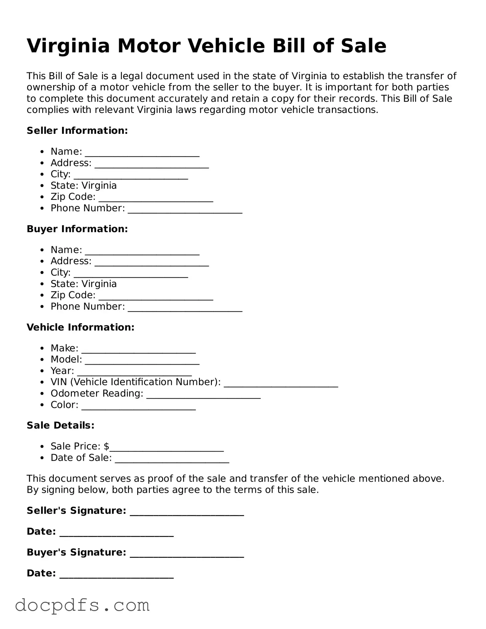 Free Virginia Motor Vehicle Bill of Sale Form