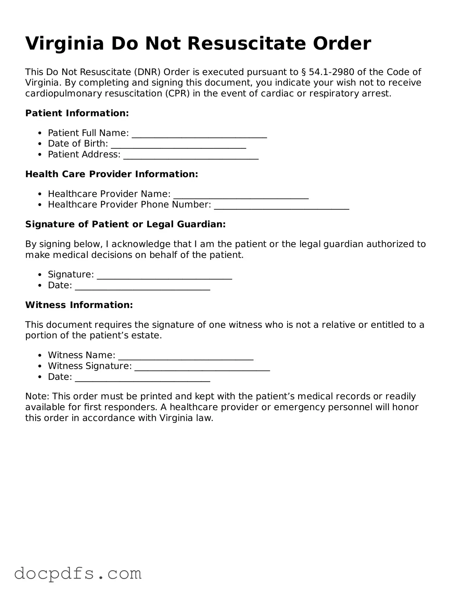 Free Virginia Do Not Resuscitate Order Form