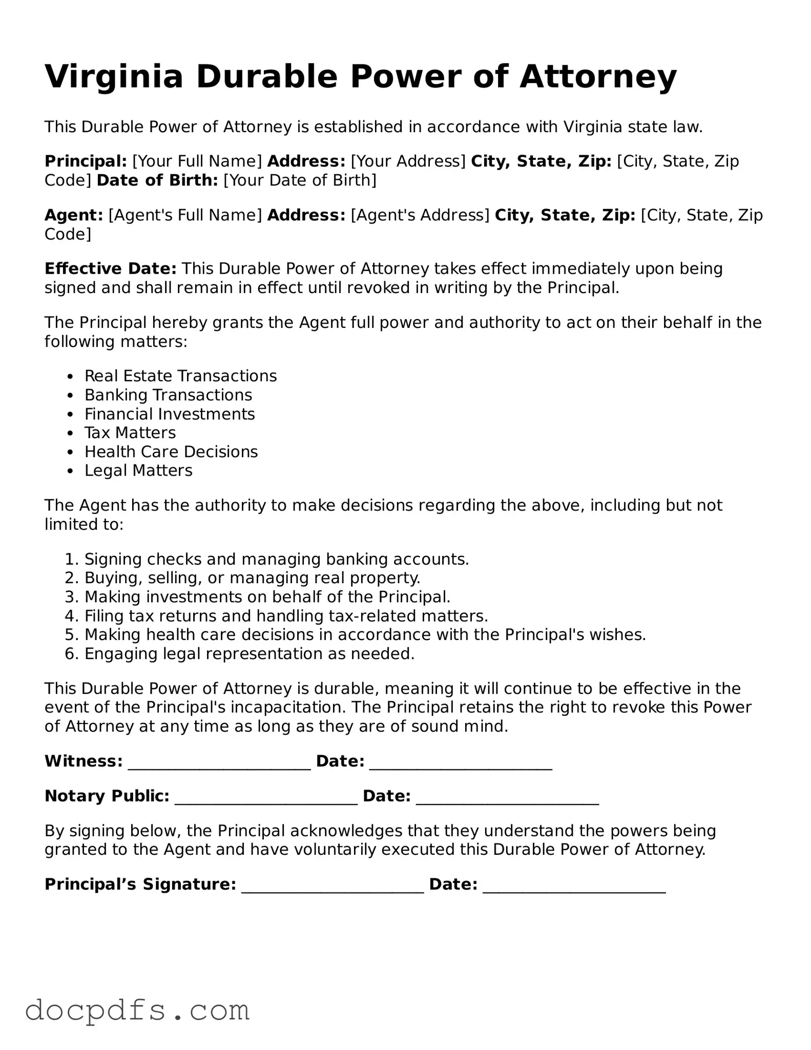 Free Virginia Durable Power of Attorney Form