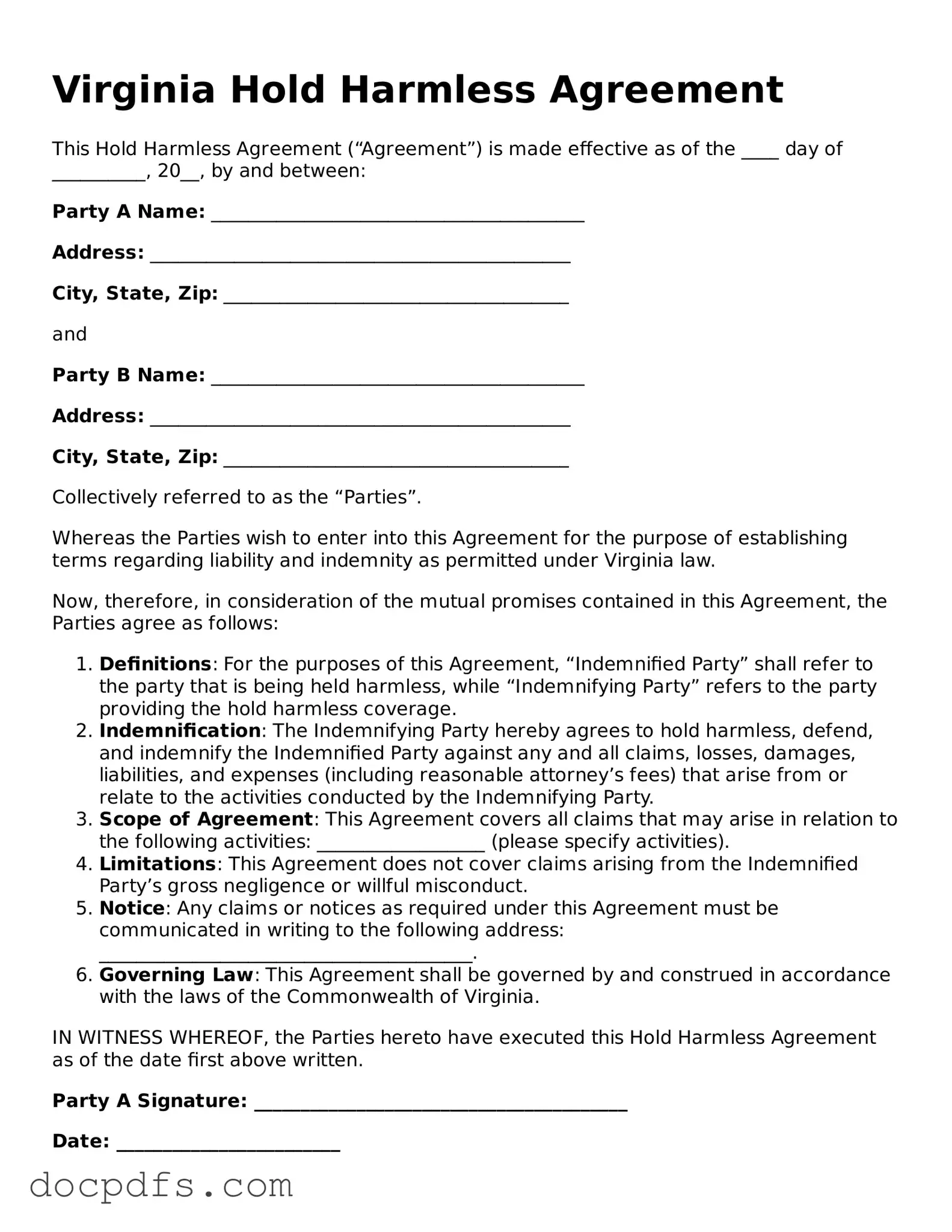 Free Virginia Hold Harmless Agreement Form