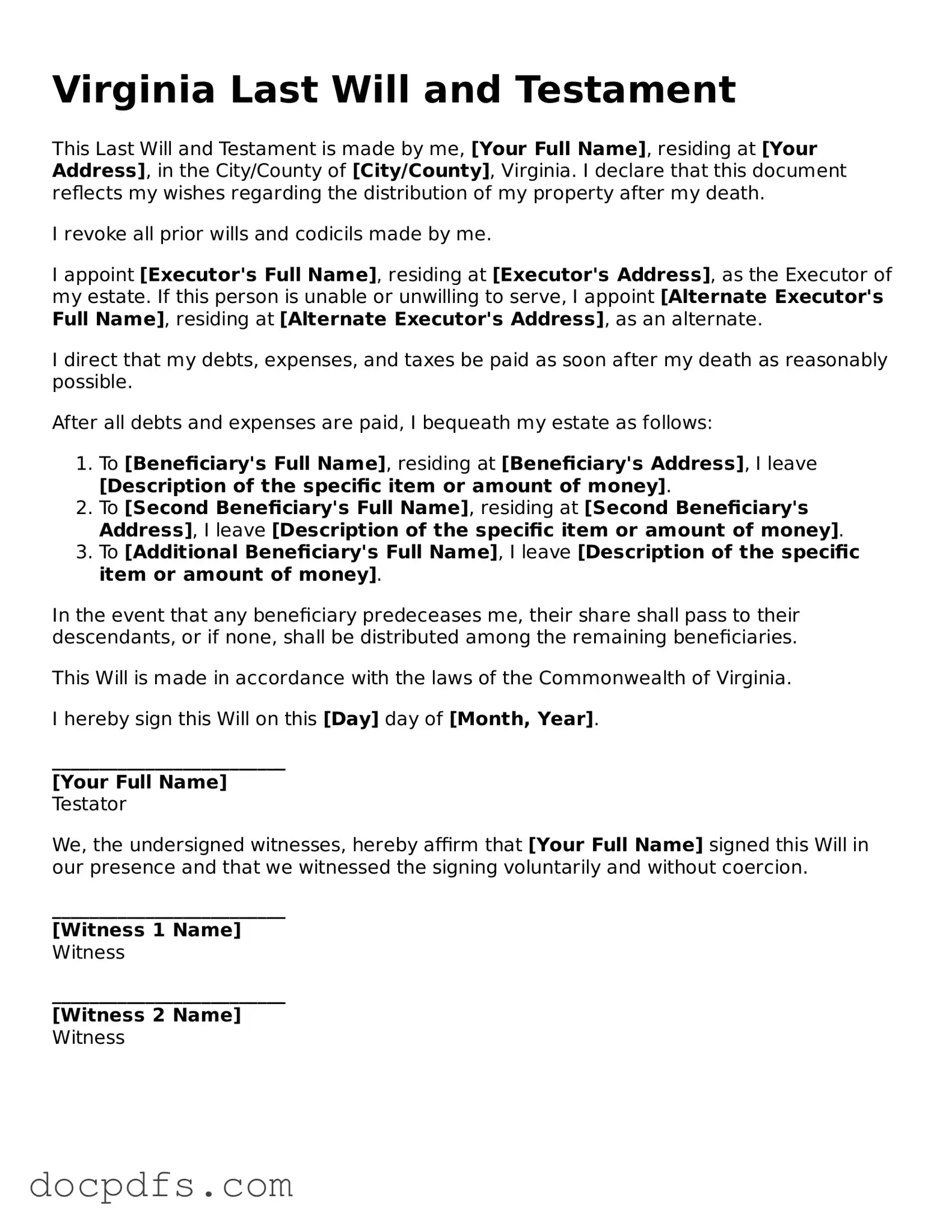 Free Virginia Last Will and Testament Form