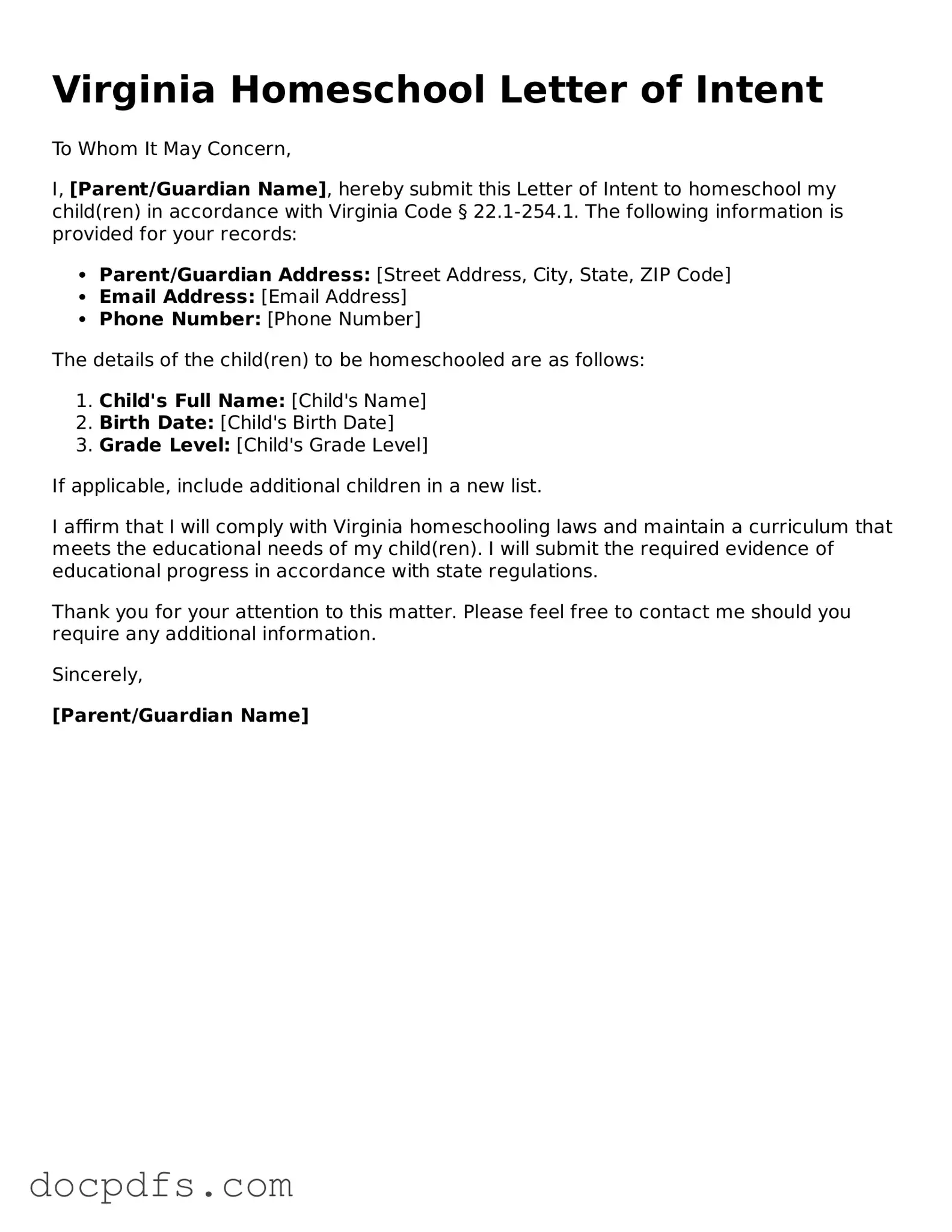 Free Virginia Homeschool Letter of Intent Form