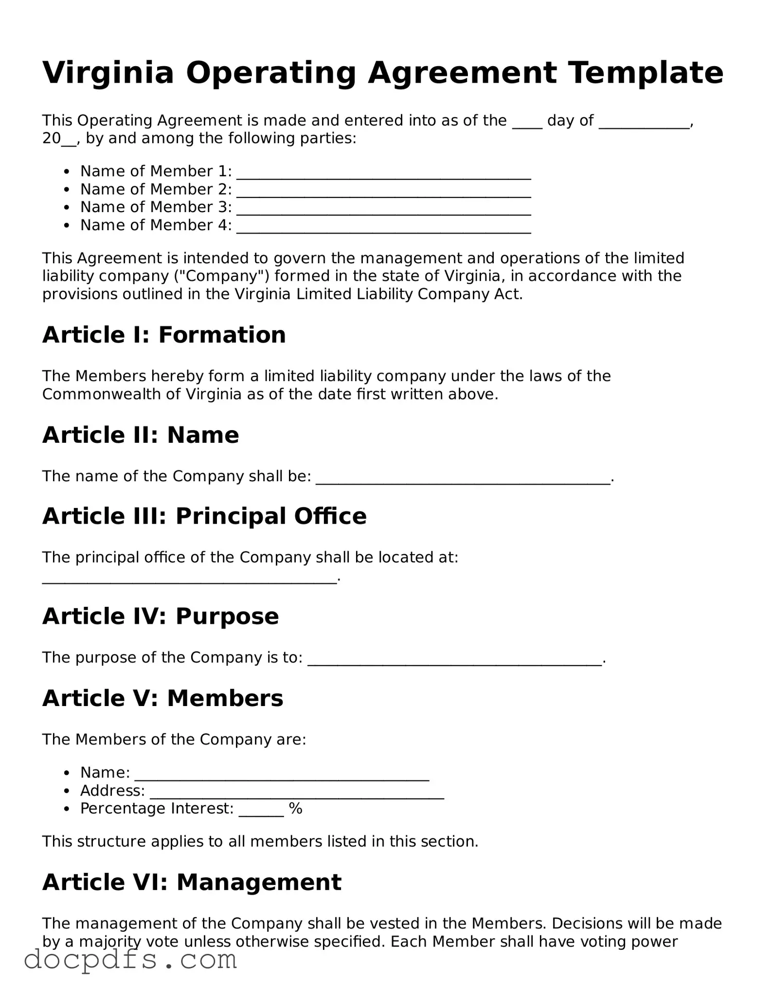 Free Virginia Operating Agreement Form