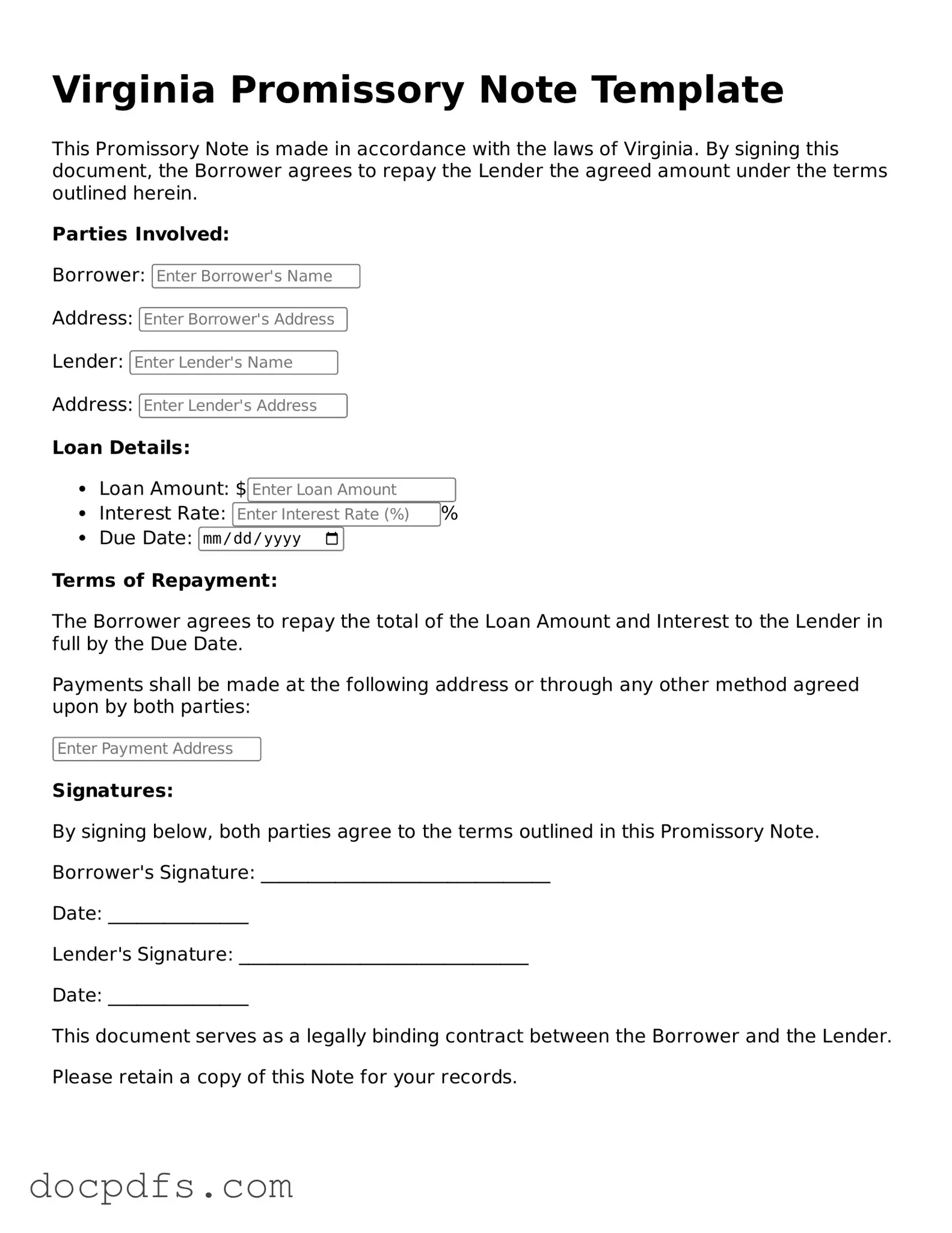 Free Virginia Promissory Note Form