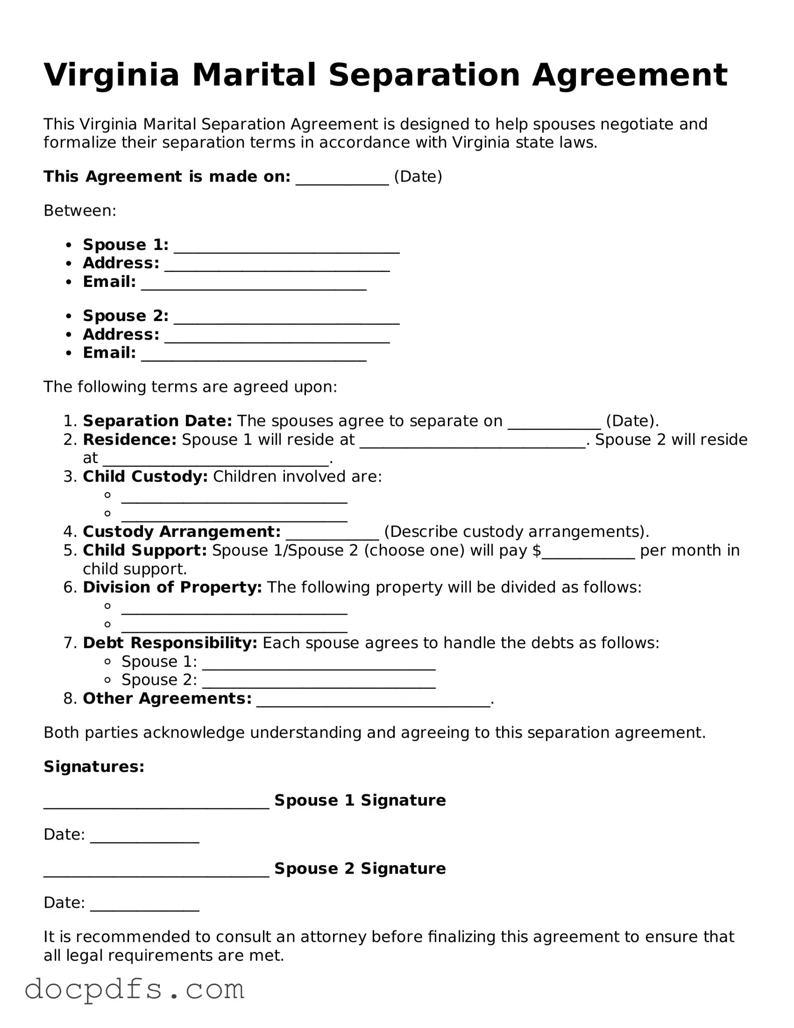 Free Virginia Marital Separation Agreement Form