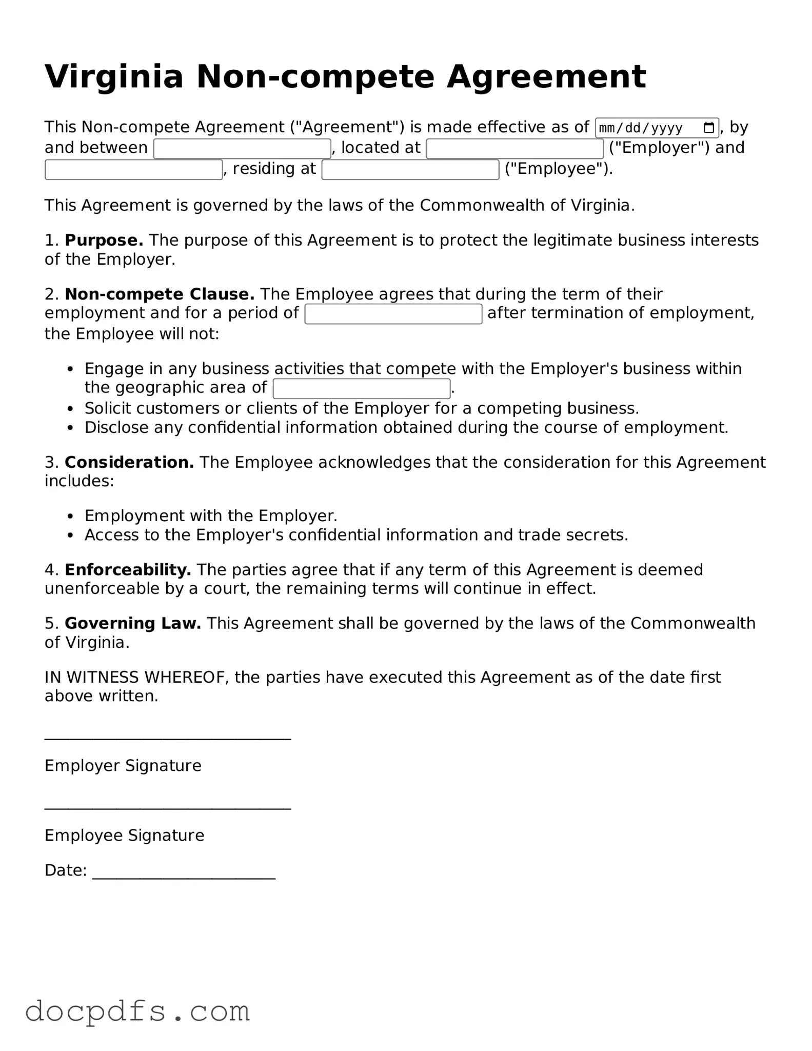 Free Virginia Non-compete Agreement Form