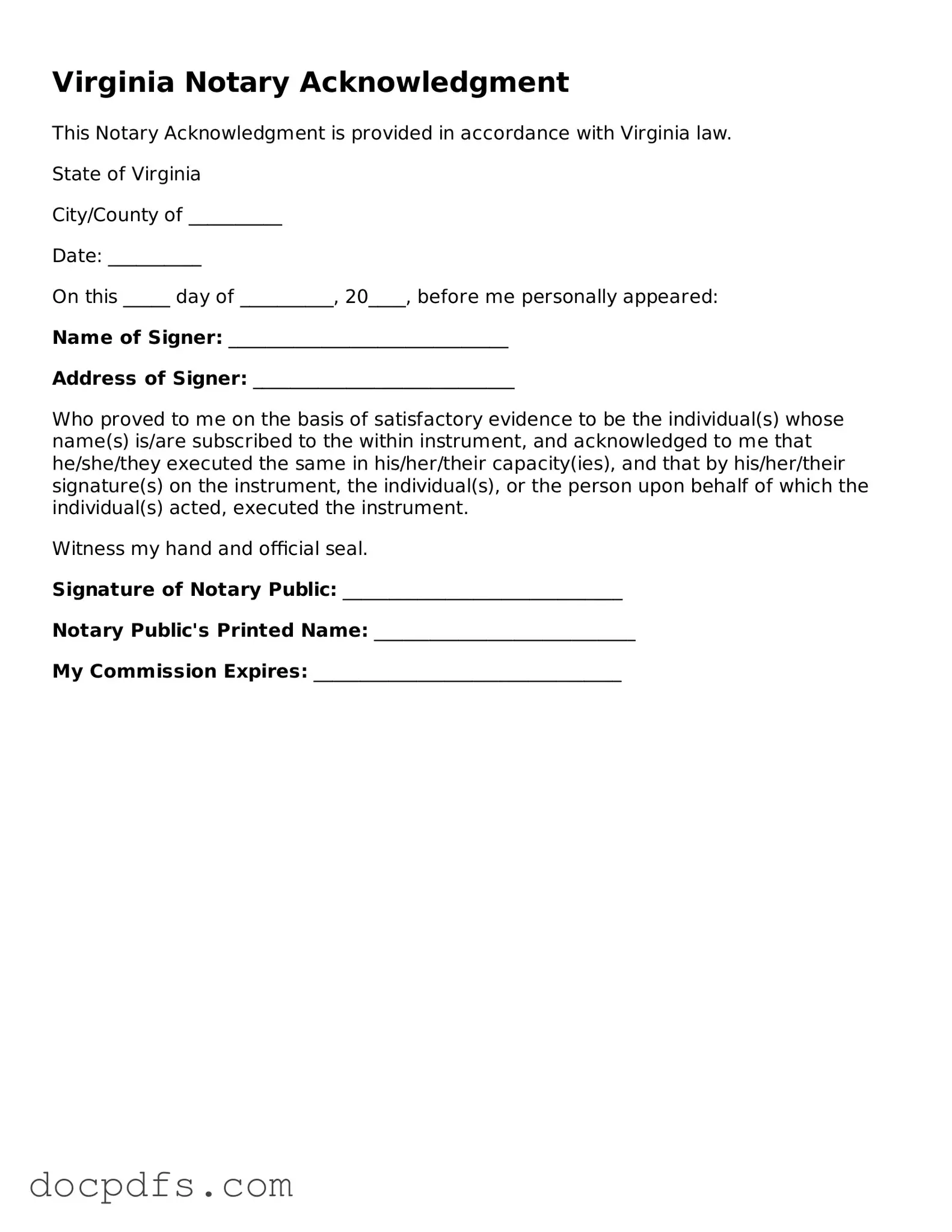 Free Virginia Notary Acknowledgement Form
