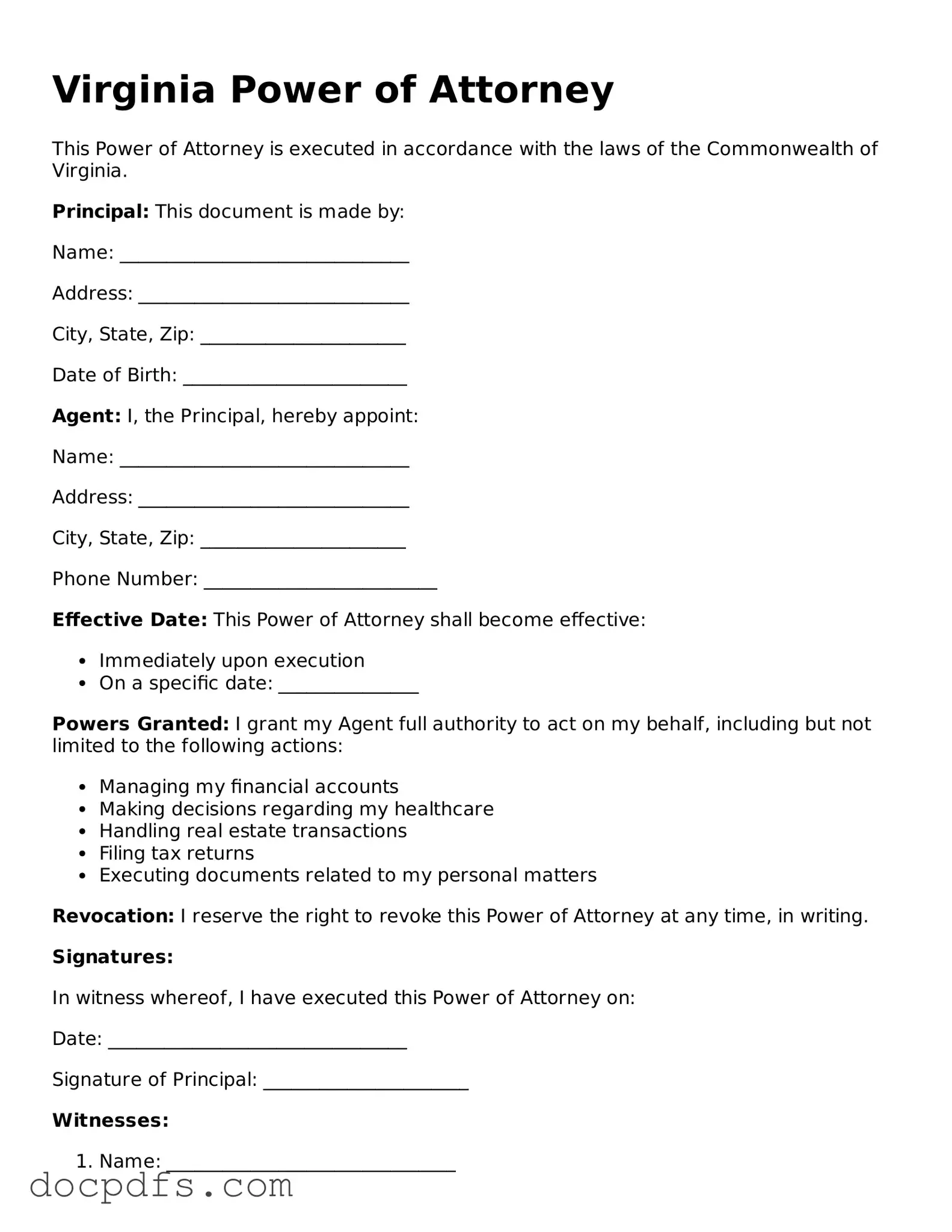 Free Virginia Power of Attorney Form
