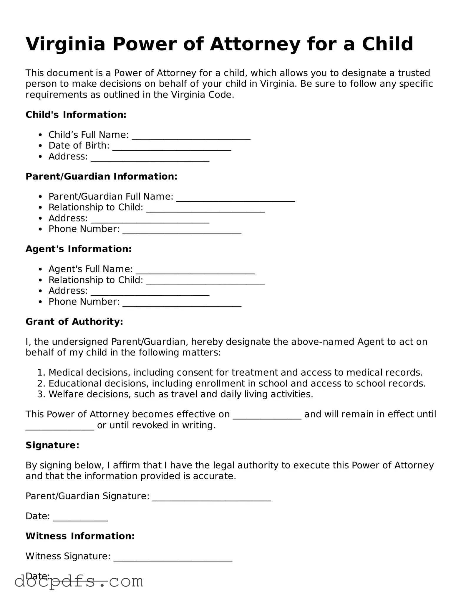 Free Virginia Power of Attorney for a Child Form