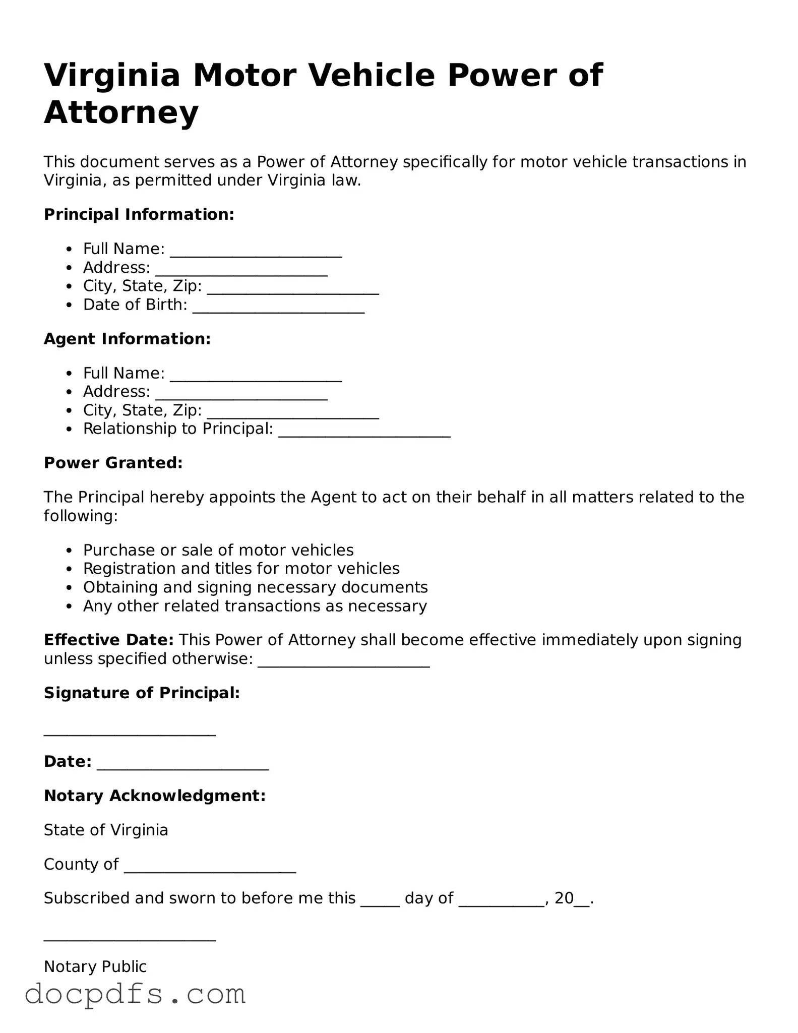 Free Virginia Motor Vehicle Power of Attorney Form