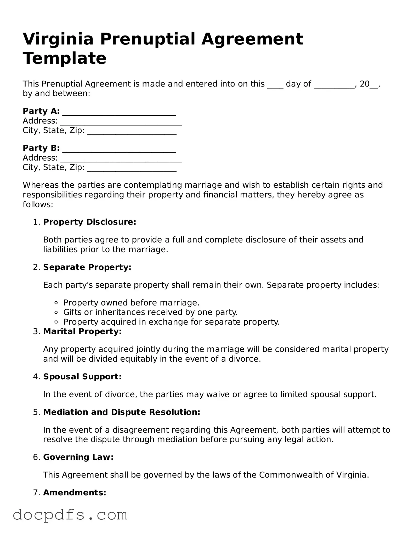 Free Virginia Prenuptial Agreement Form