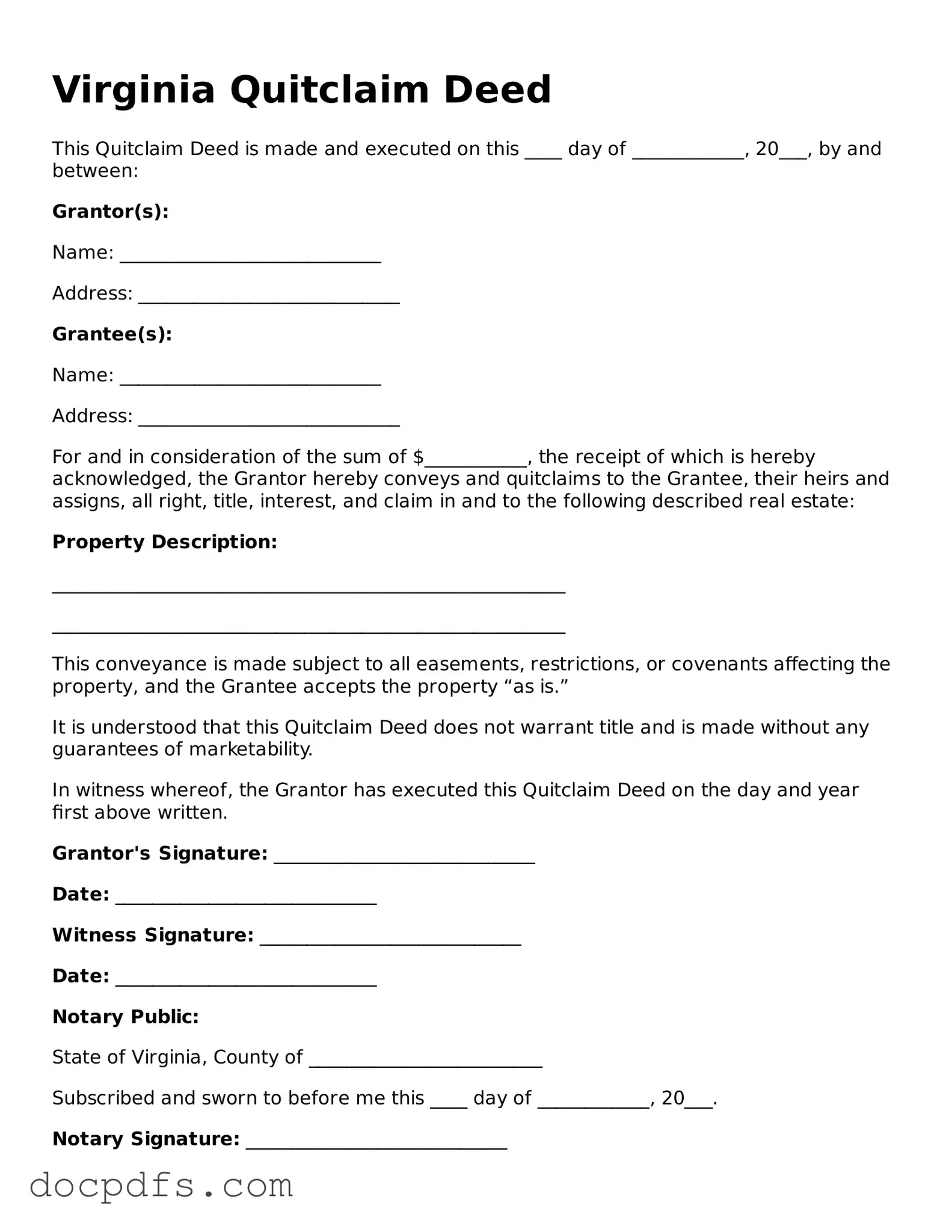 Free Virginia Quitclaim Deed Form