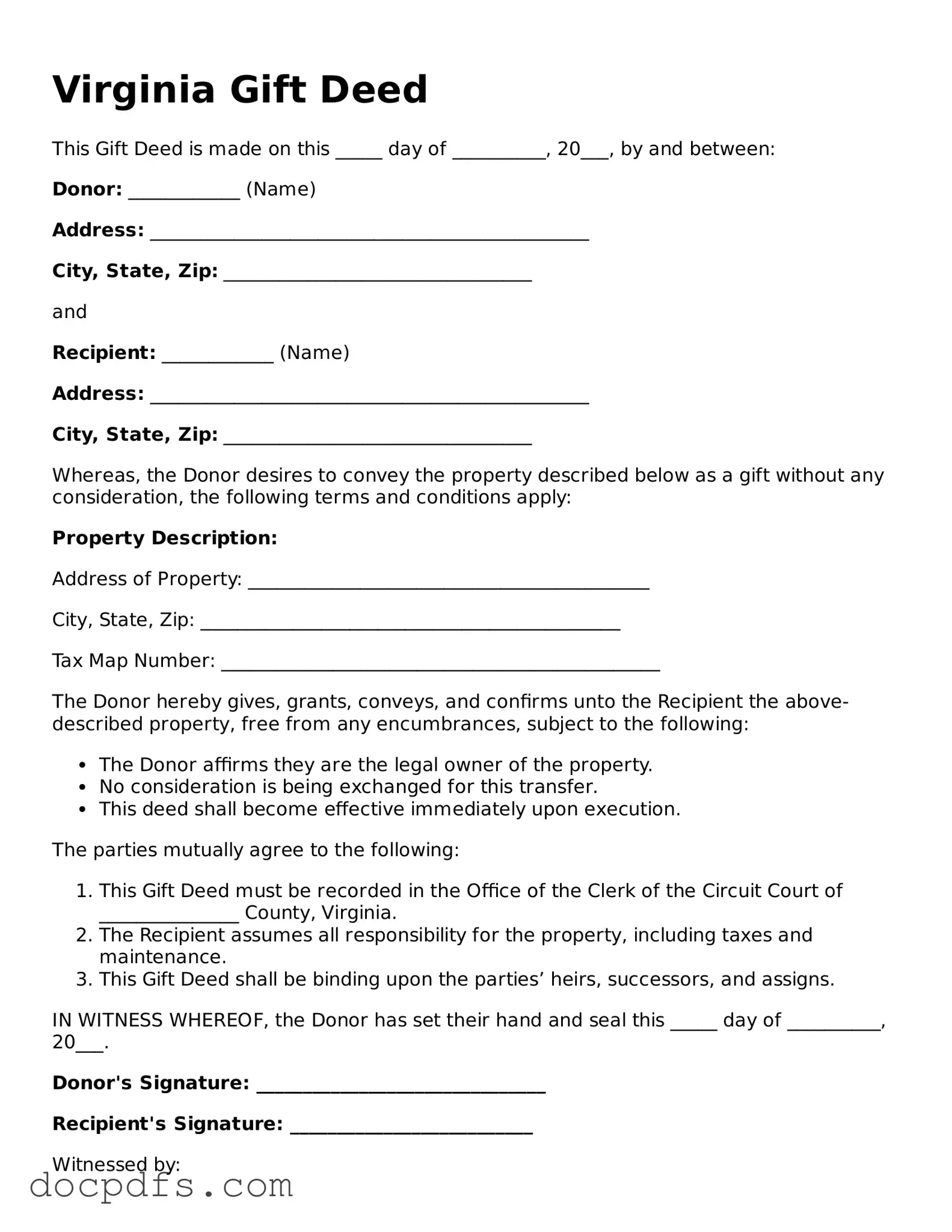 Free Virginia Gift Deed Form