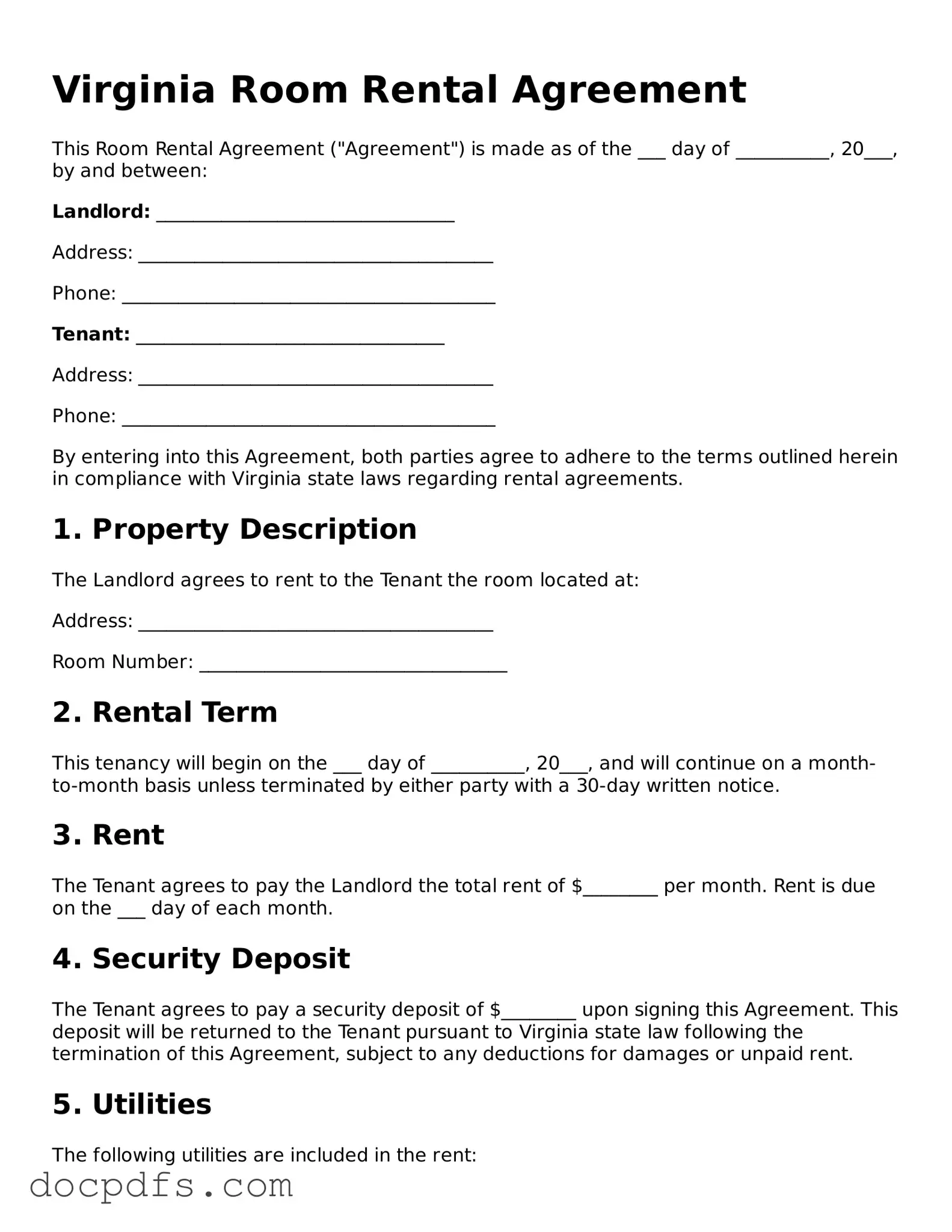 Free Virginia Room Rental Agreement Form