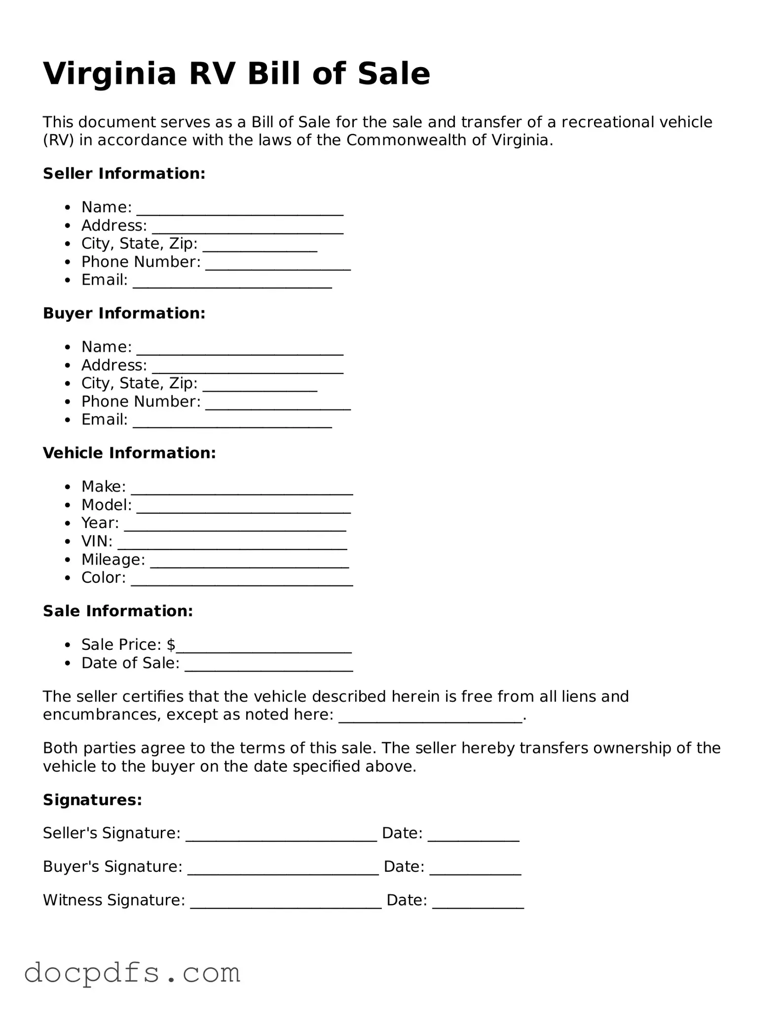 Free Virginia RV Bill of Sale Form