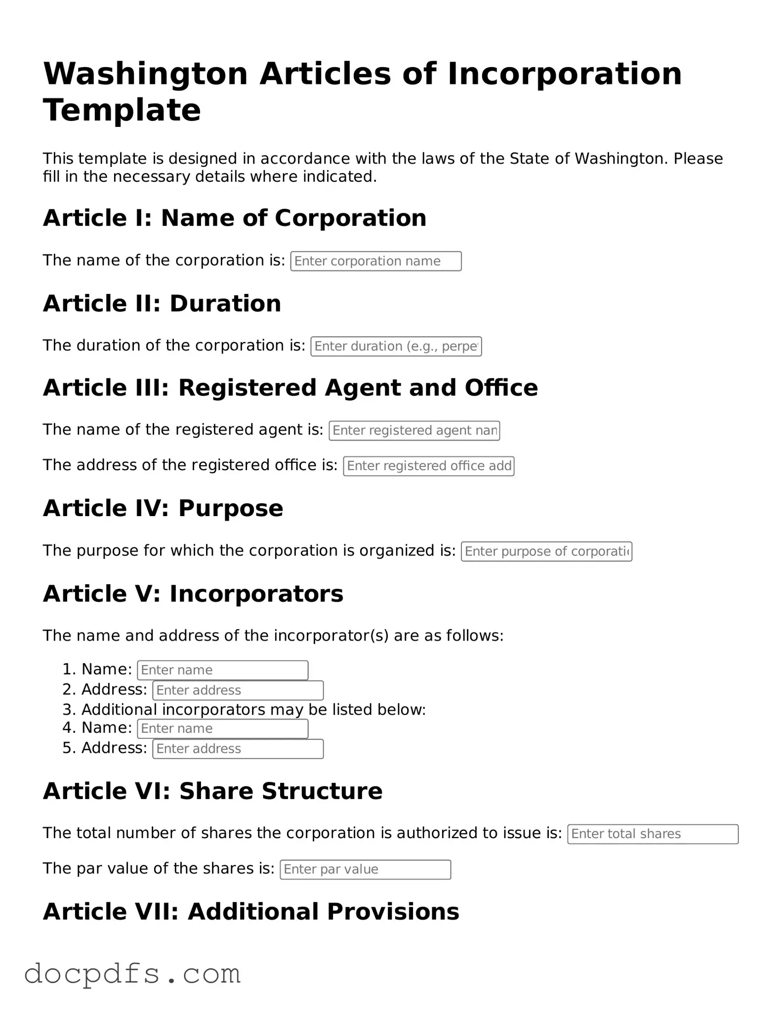 Free Washington Articles of Incorporation Form