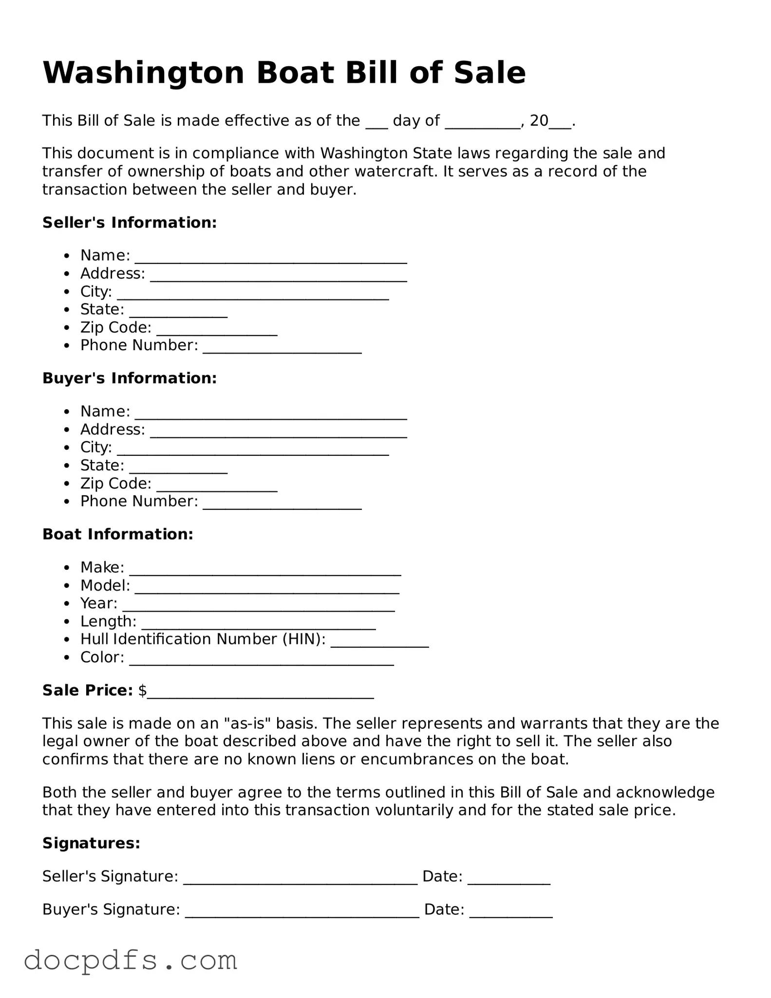 Free Washington Boat Bill of Sale Form