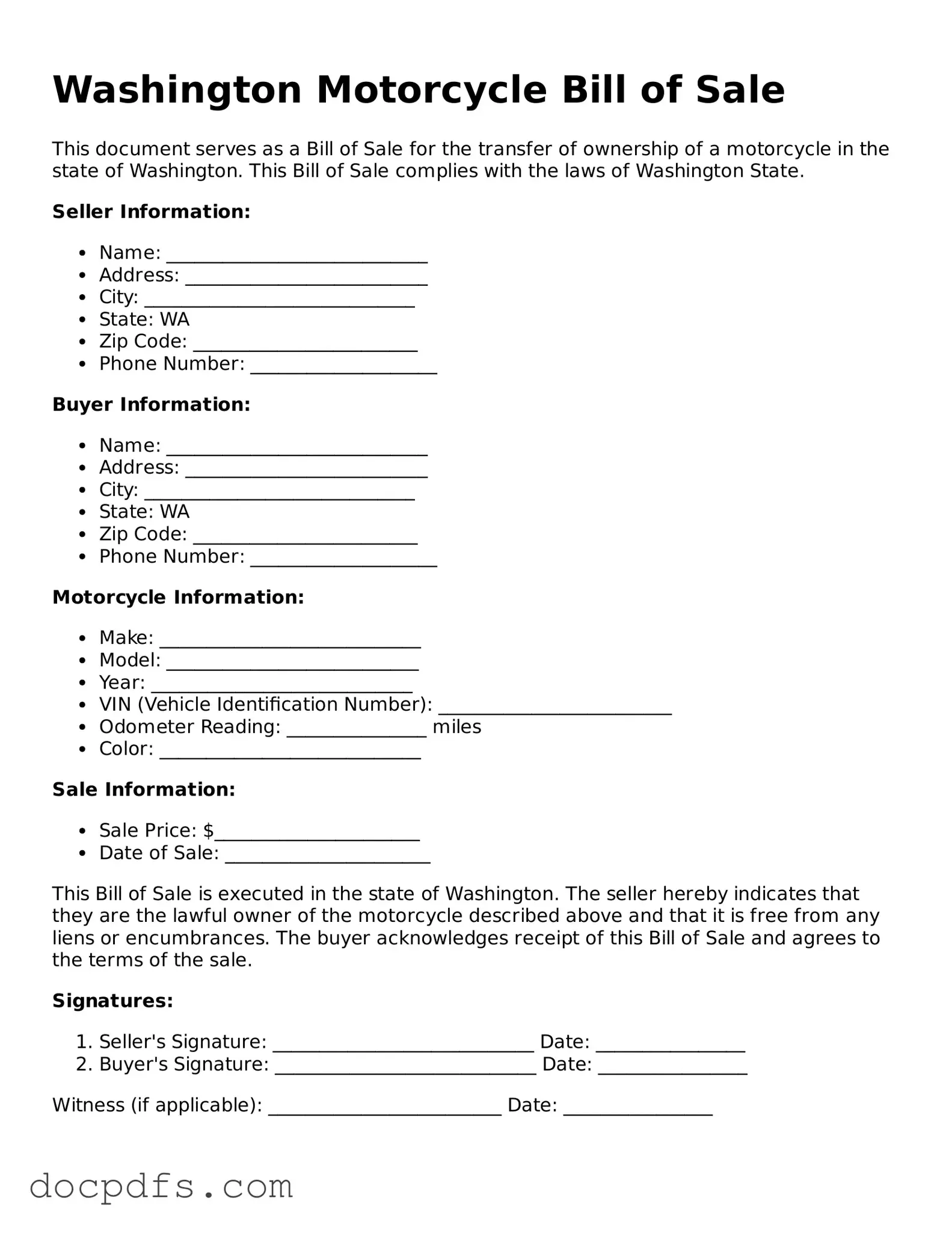 Free Washington Motorcycle Bill of Sale Form