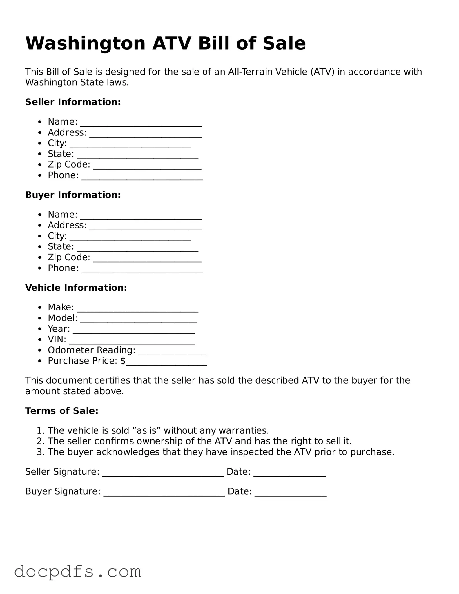 Free Washington ATV Bill of Sale Form