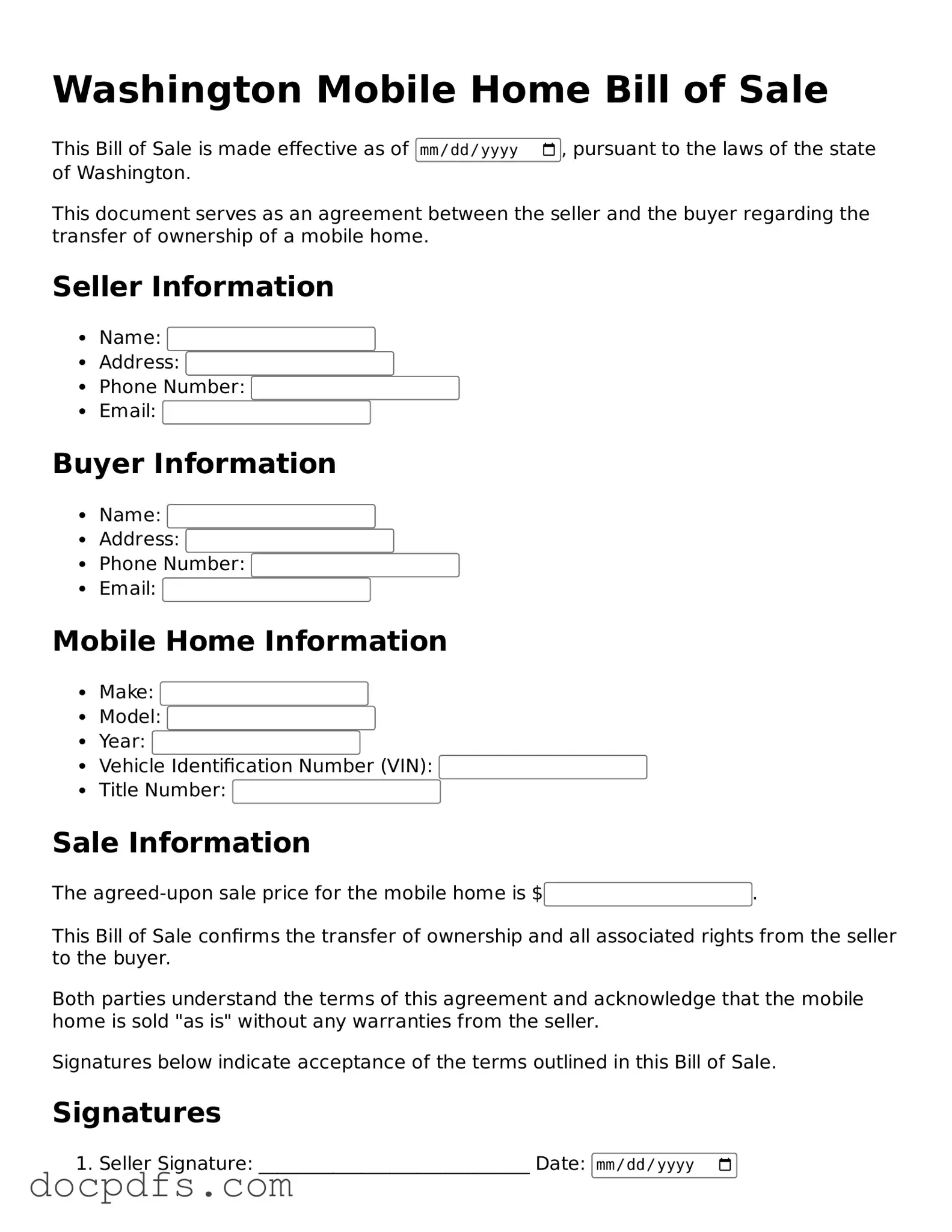 Free Washington Mobile Home Bill of Sale Form