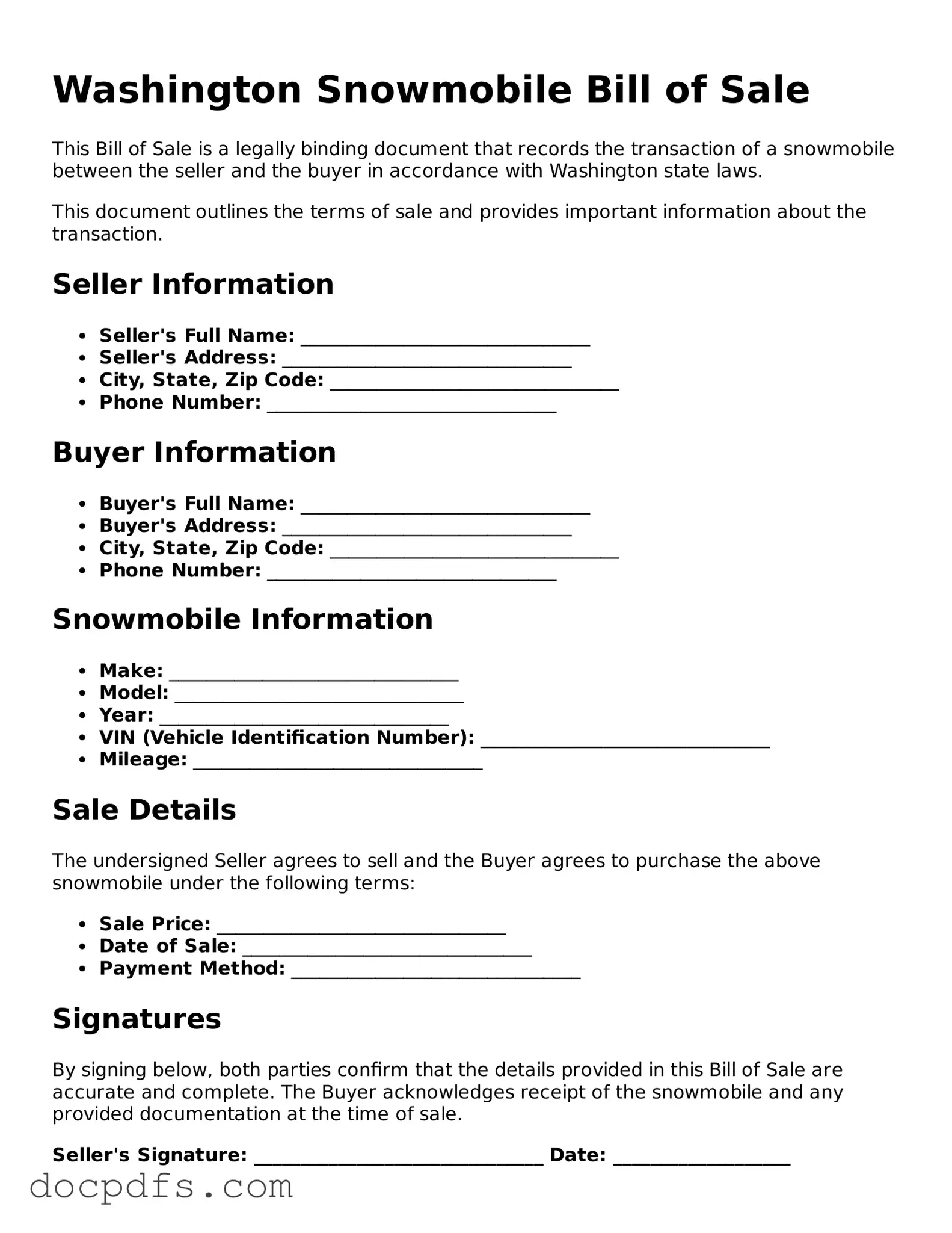 Free Washington Snowmobile Bill of Sale Form