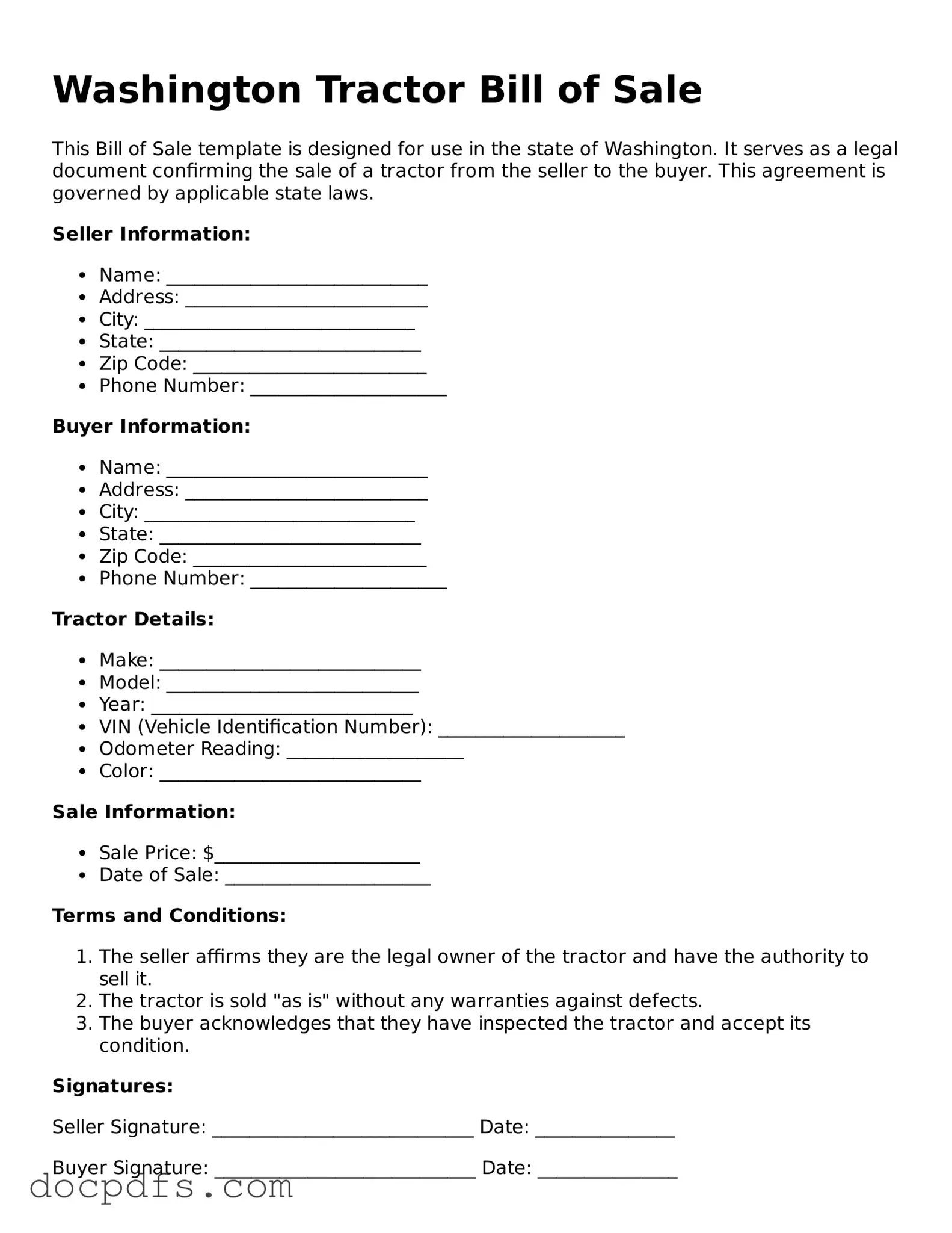Free Washington Tractor Bill of Sale Form