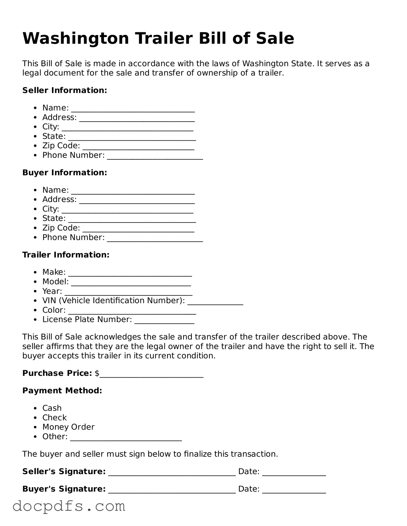 Free Washington Trailer Bill of Sale Form