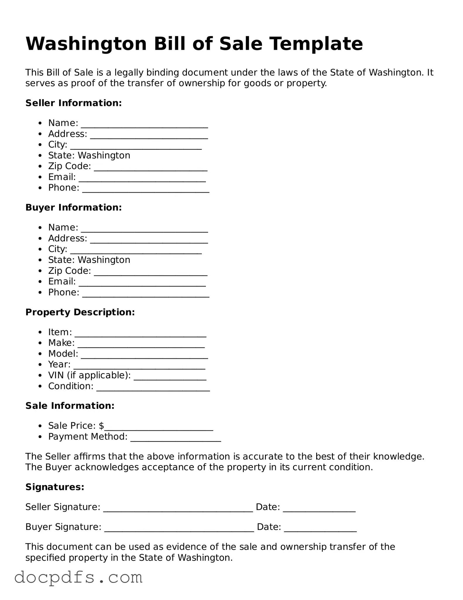 Free Washington Bill of Sale Form