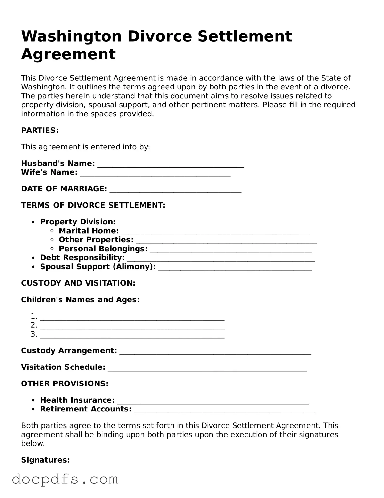 Free Washington Divorce Settlement Agreement Form