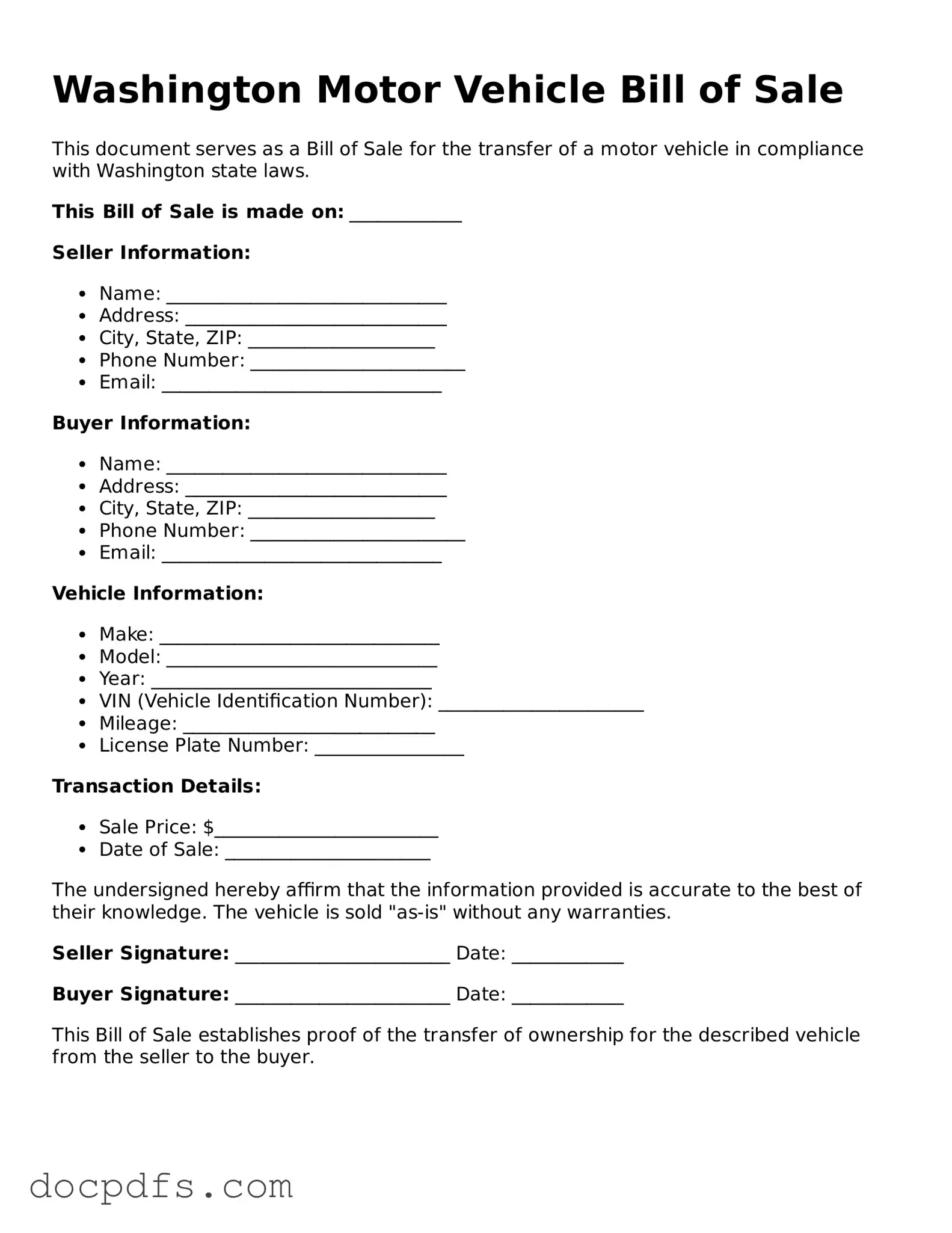 Free Washington Motor Vehicle Bill of Sale Form