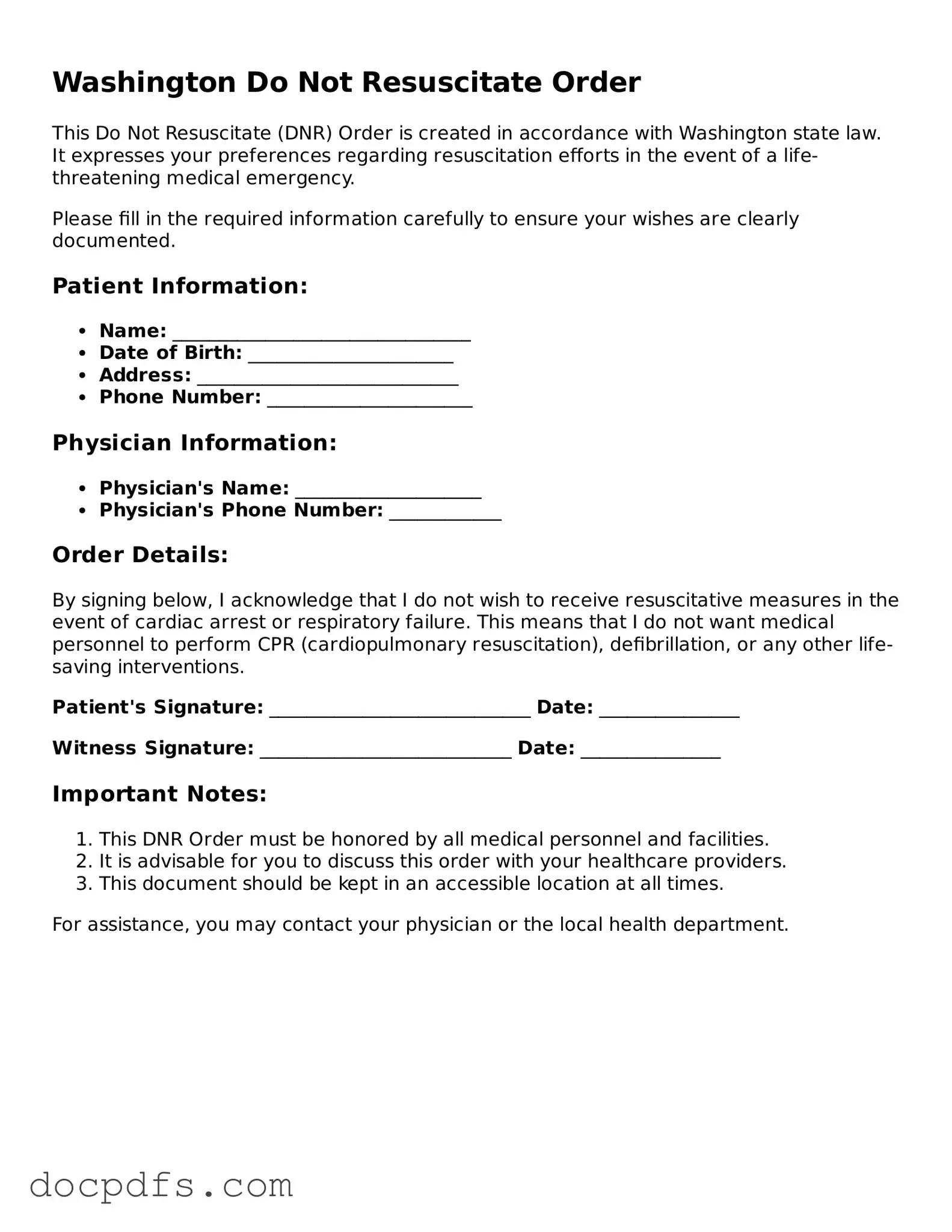 Free Washington Do Not Resuscitate Order Form