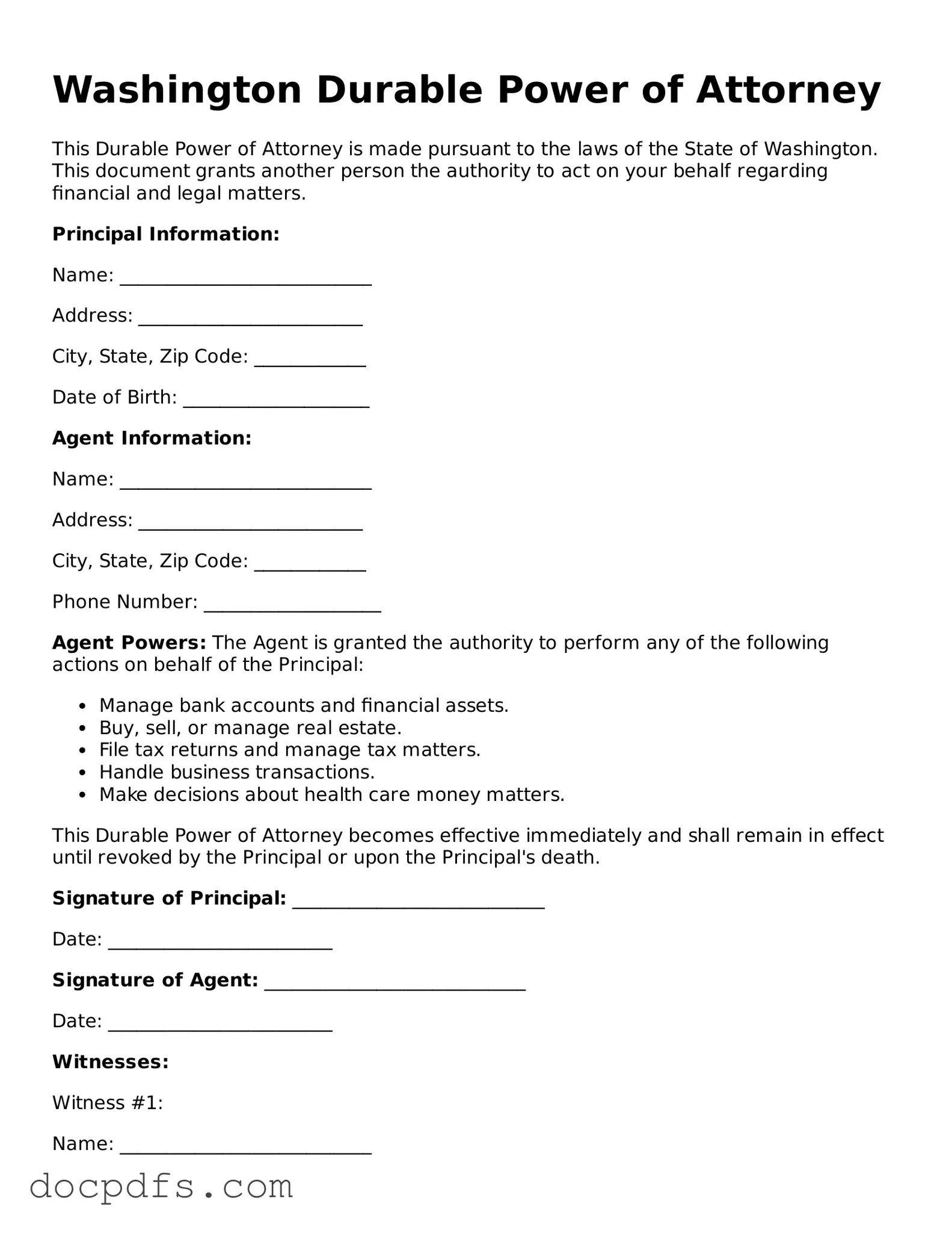 Free Washington Durable Power of Attorney Form