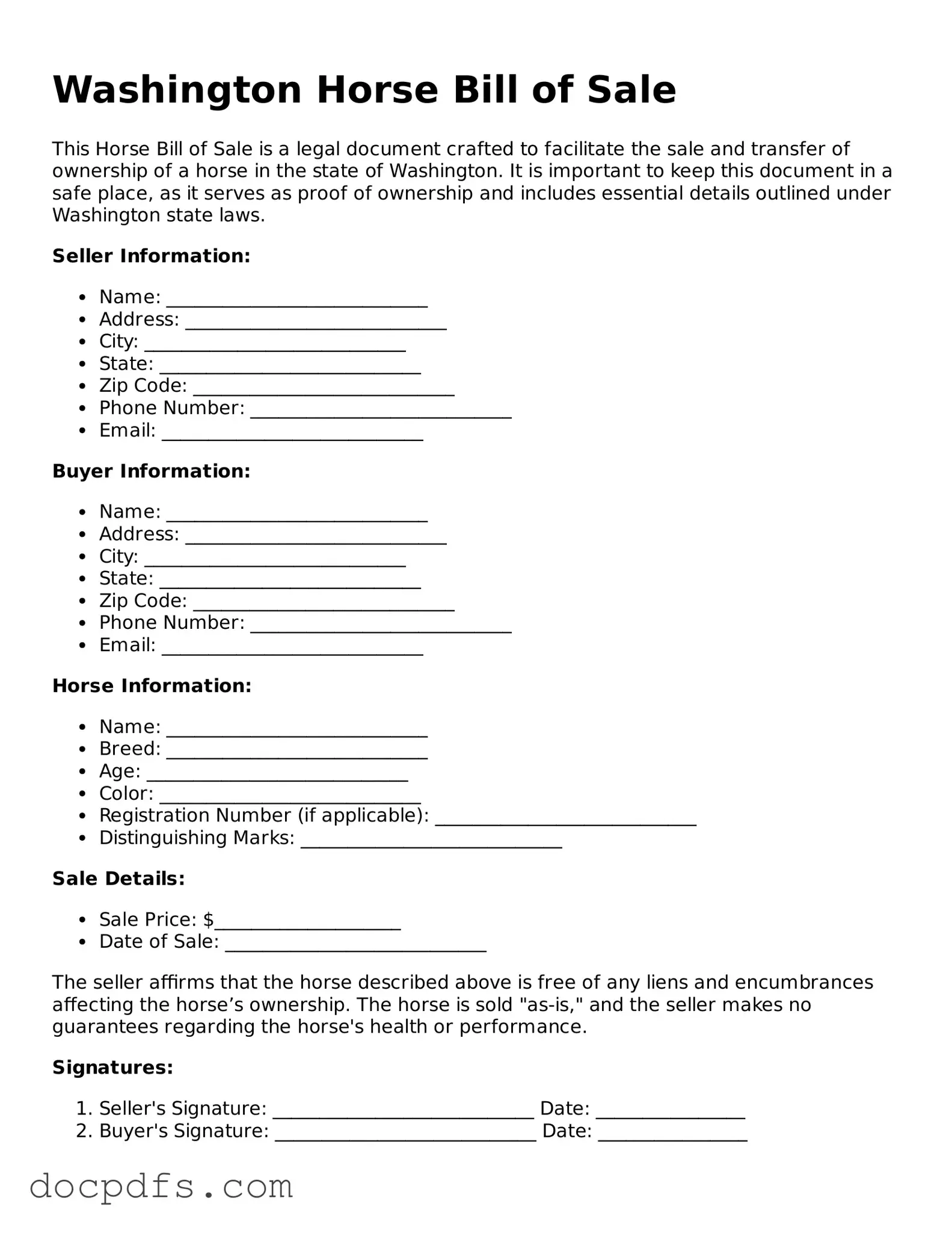 Free Washington Horse Bill of Sale Form