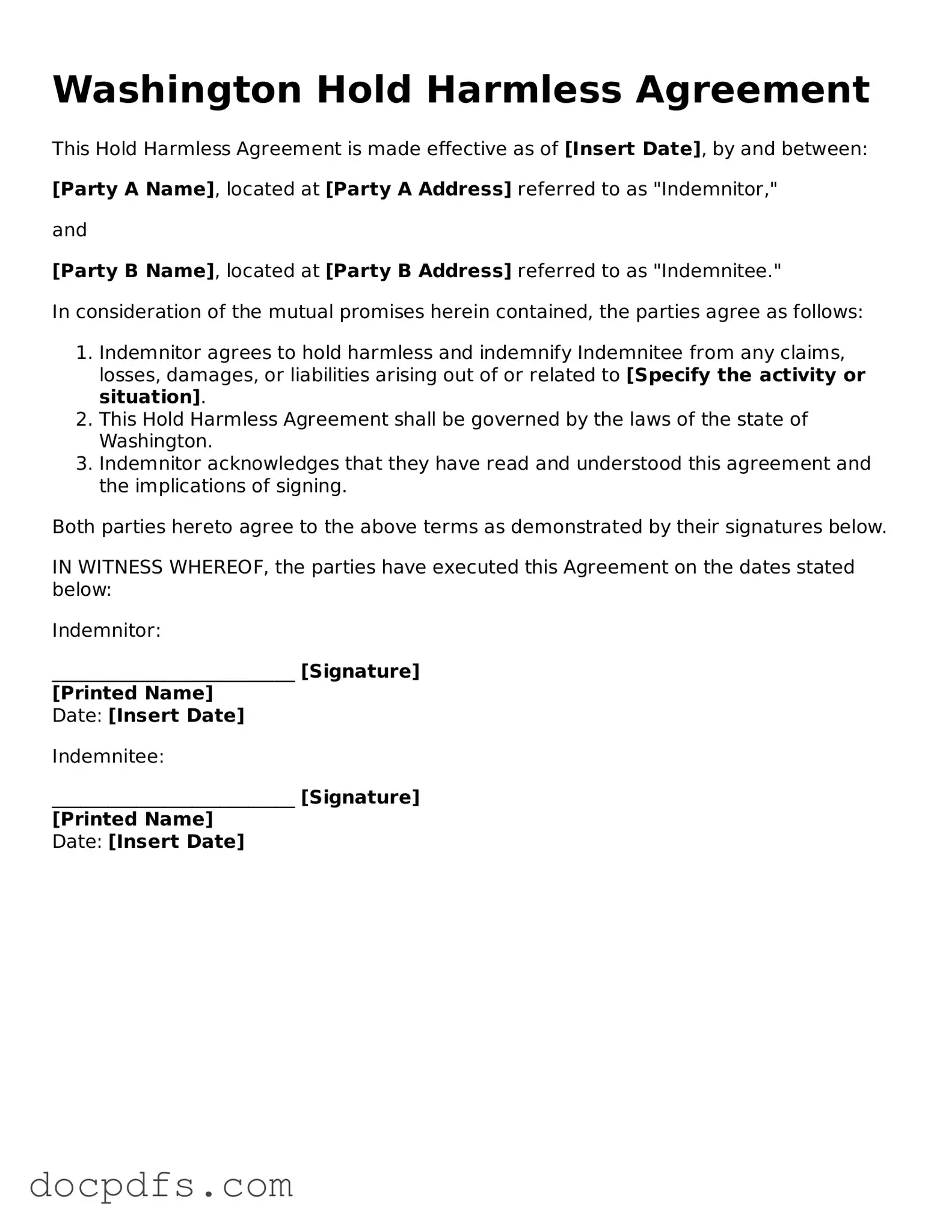 Free Washington Hold Harmless Agreement Form